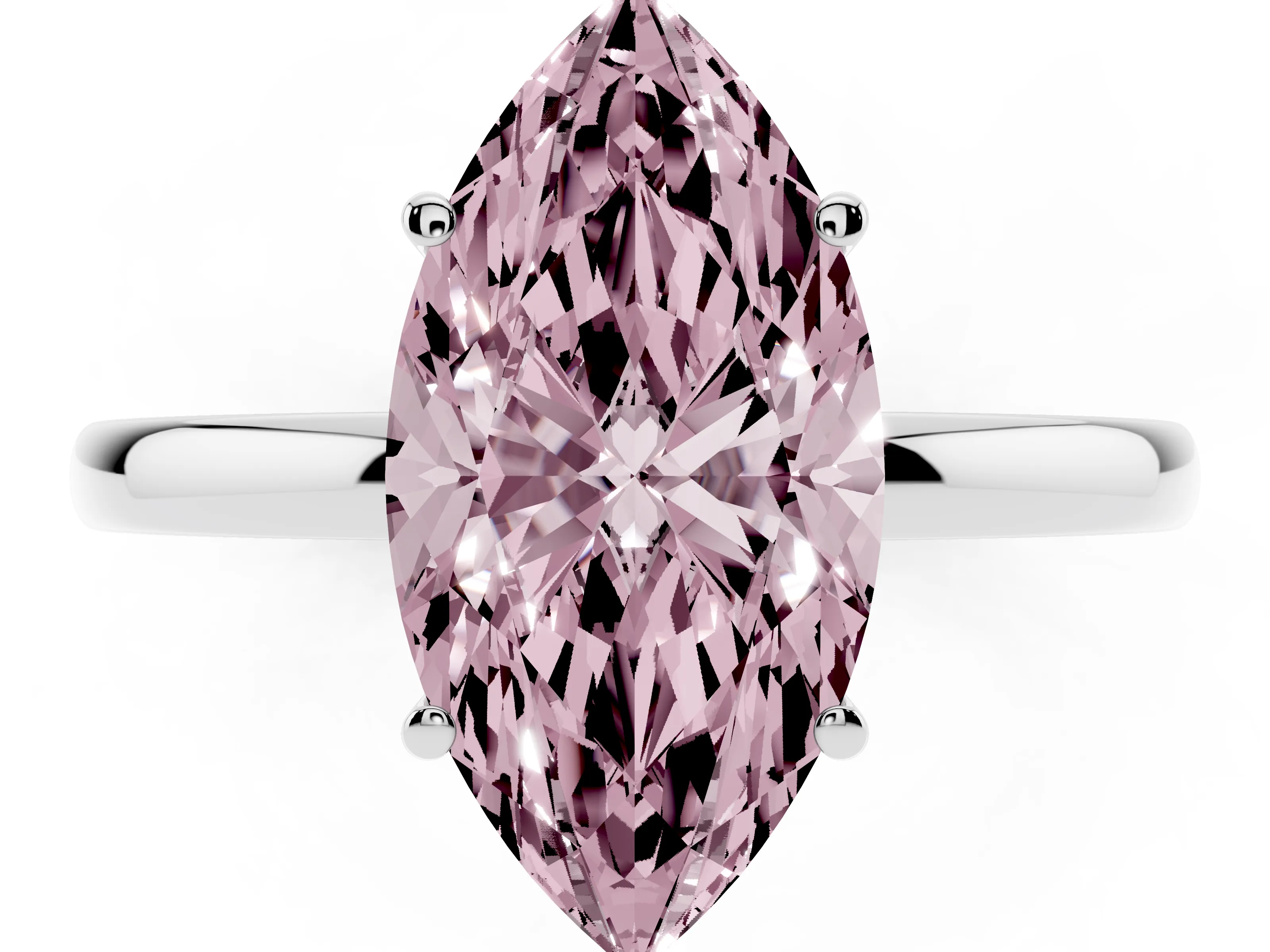 Fancy Pink Marquise Cut Diamond Solitaire Ring Set in Silver with Plain Band and Prong Setting