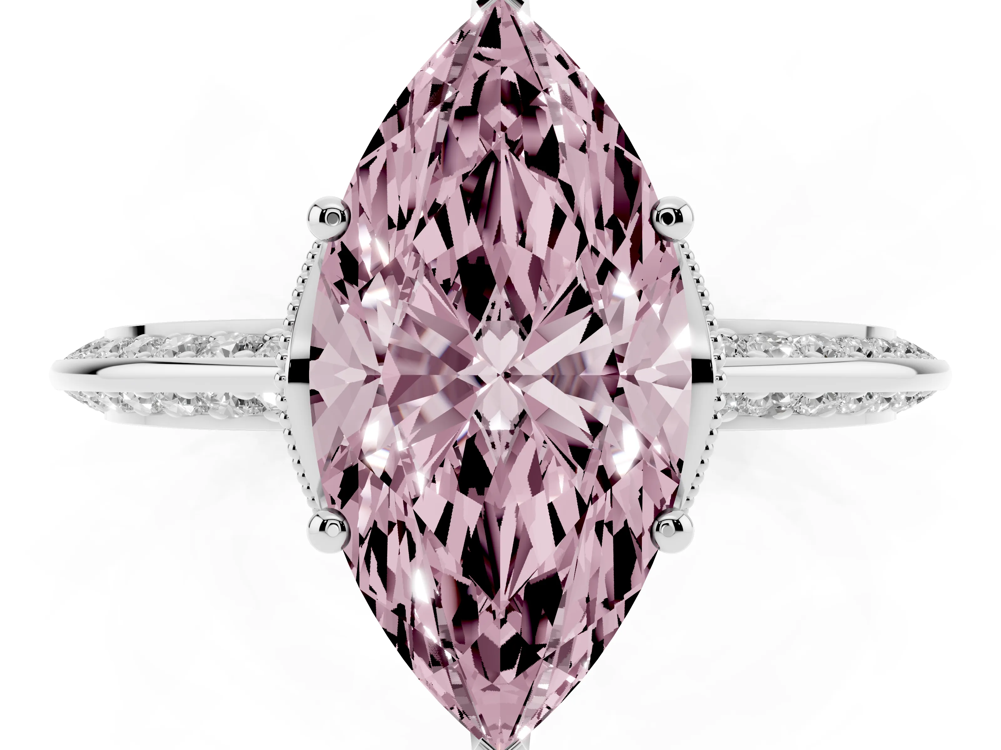 Fancy Pink Marquise Cut Diamond Solitaire Engagement Ring Set in Silver with Pavé Split Shank and Prong Setting