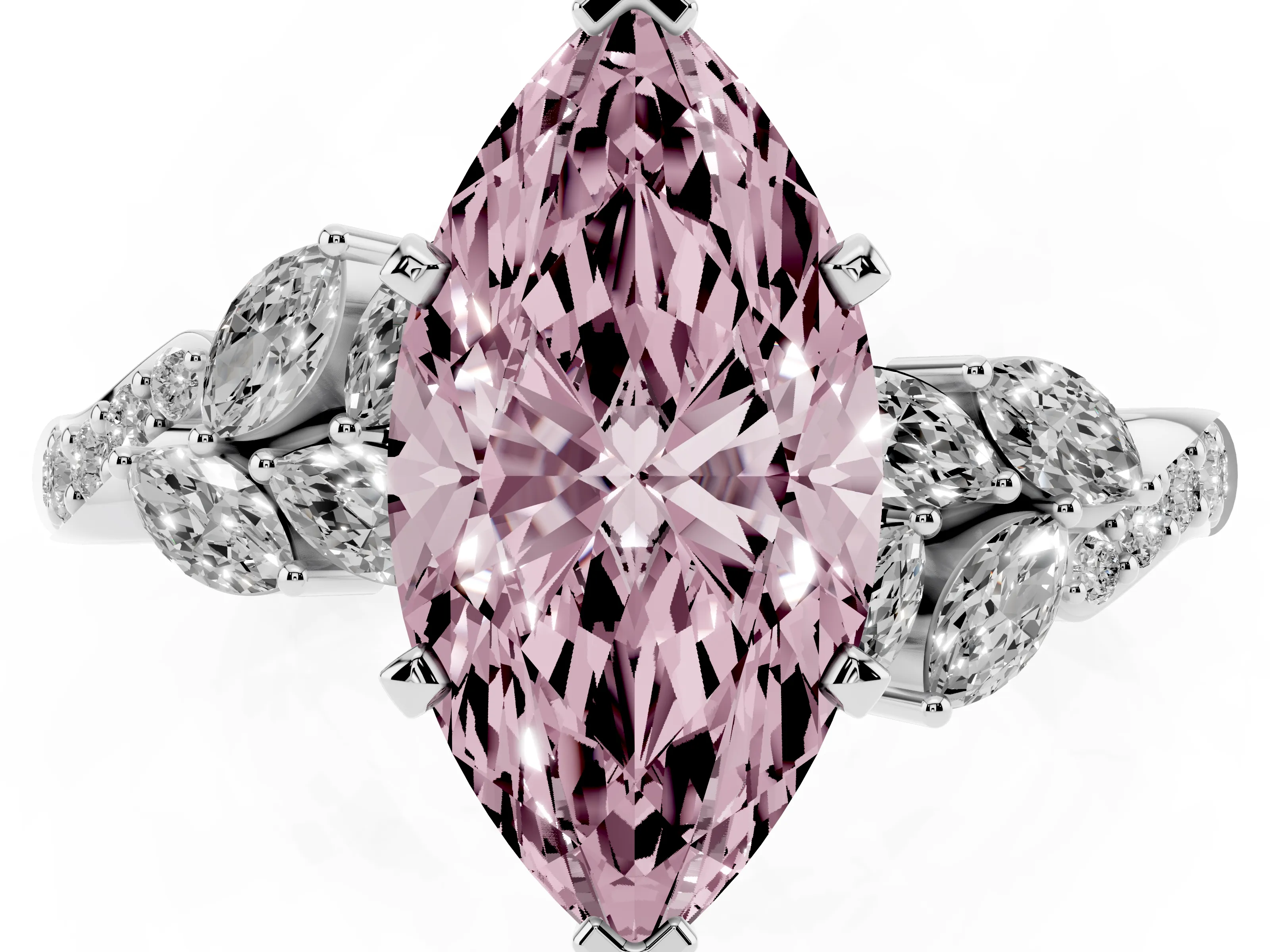 Fancy Pink Marquise Cut Diamond Solitaire Ring Set in White gold with Marquise Twist Band and Prong Setting