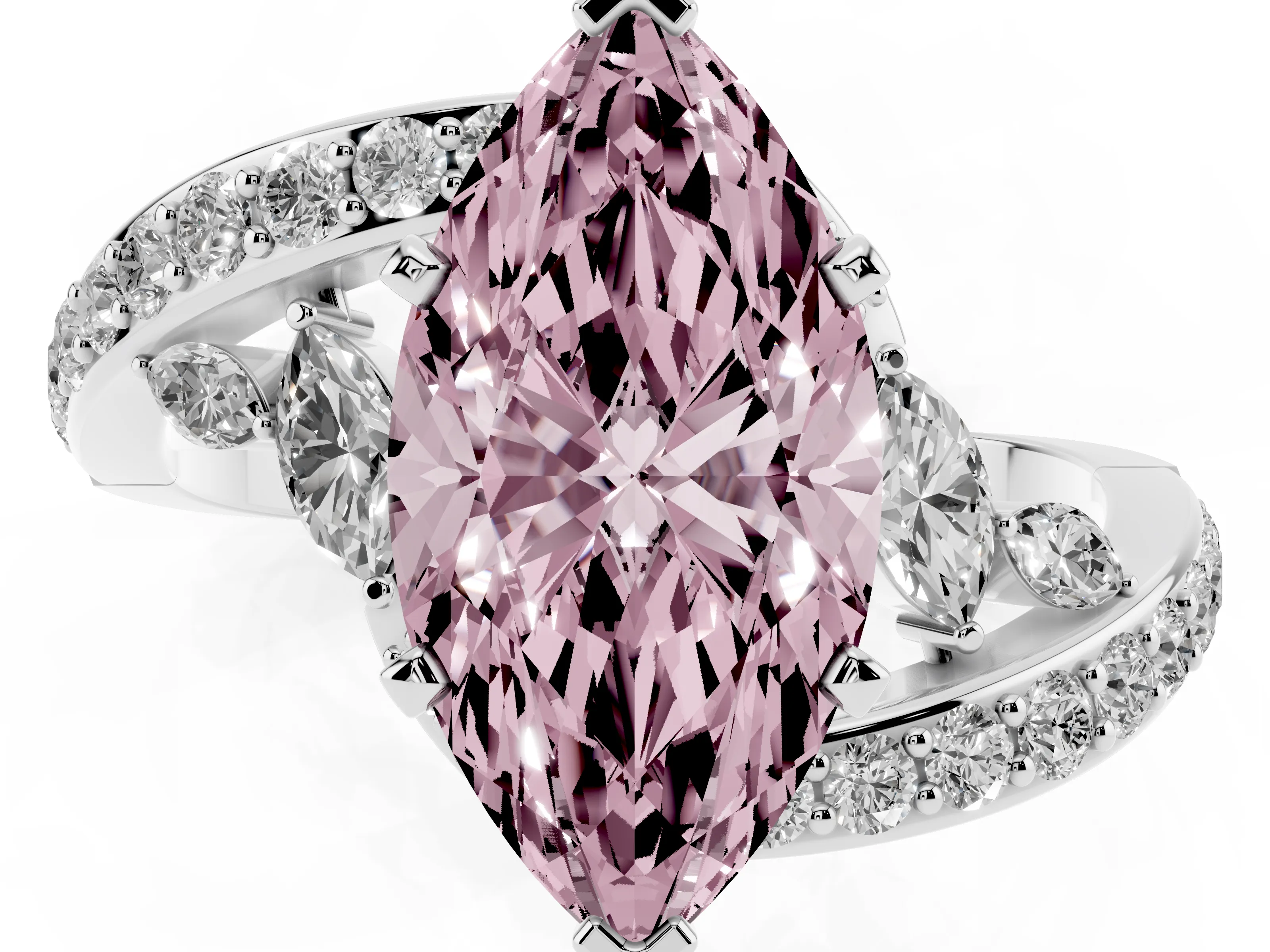 Fancy Pink Marquise Cut Diamond Solitaire Ring Set in Silver with Pavé Twist Band and Secure Prong Setting