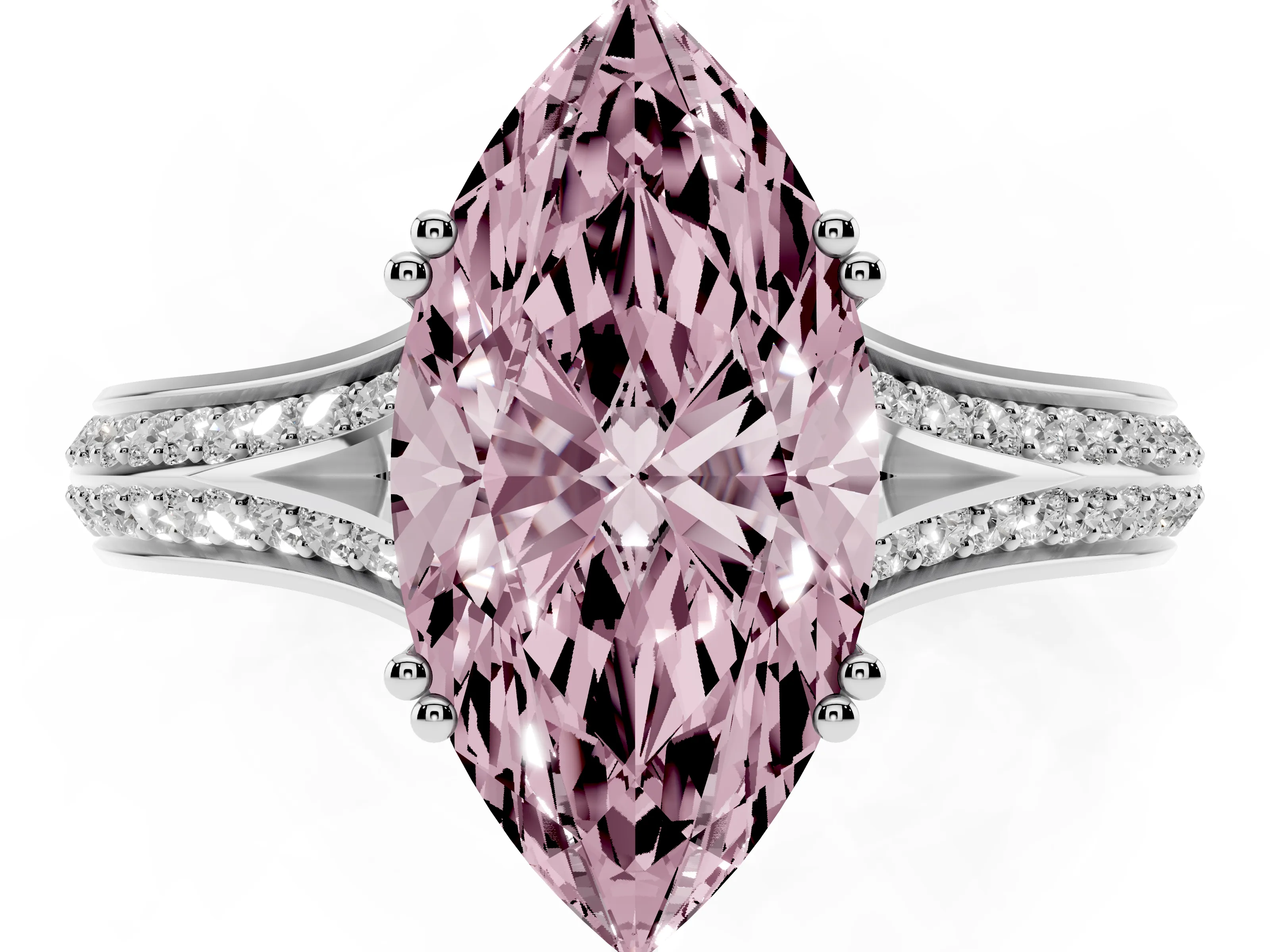 Fancy Pink Marquise Cut Diamond Split Shank Pavé Engagement Ring Set in White gold with Prong-Set Center Stone