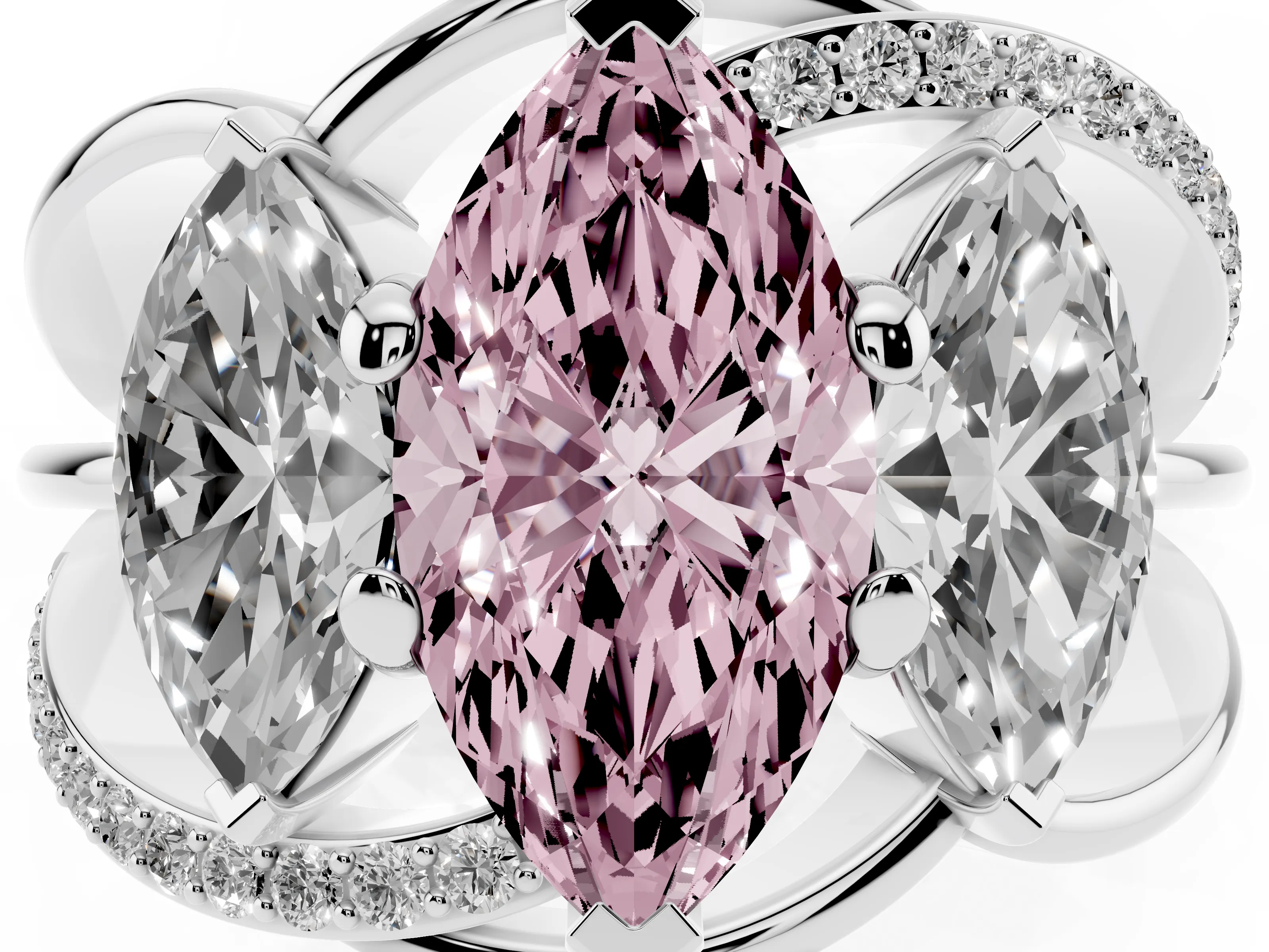 Fancy Pink Marquise Cut Diamond Three-Stone Ring Set in Platinum with Split Shank and Prong Setting