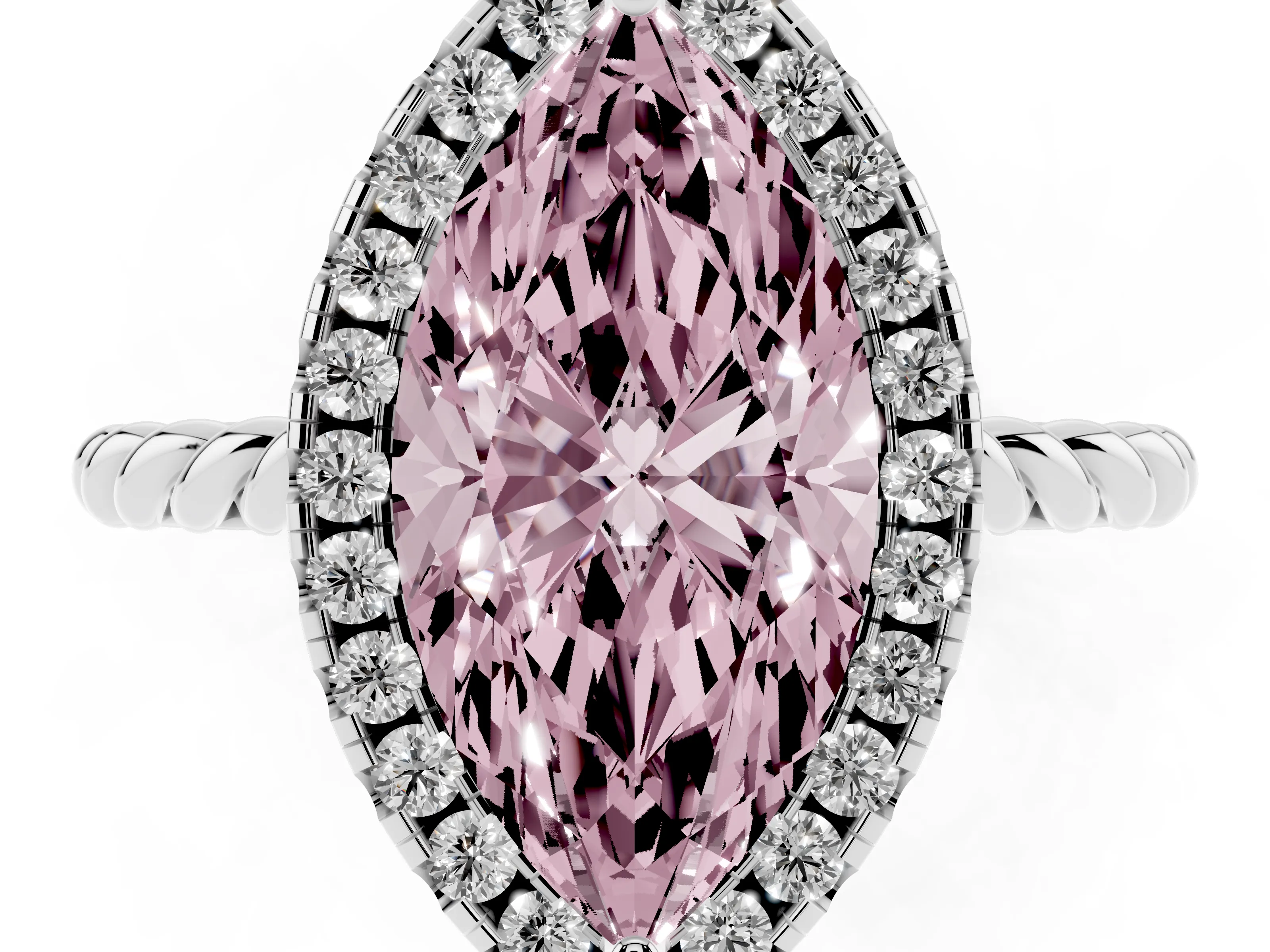 Fancy Pink Marquise Cut Diamond Halo Ring Set in Silver with Plain Twisted Band