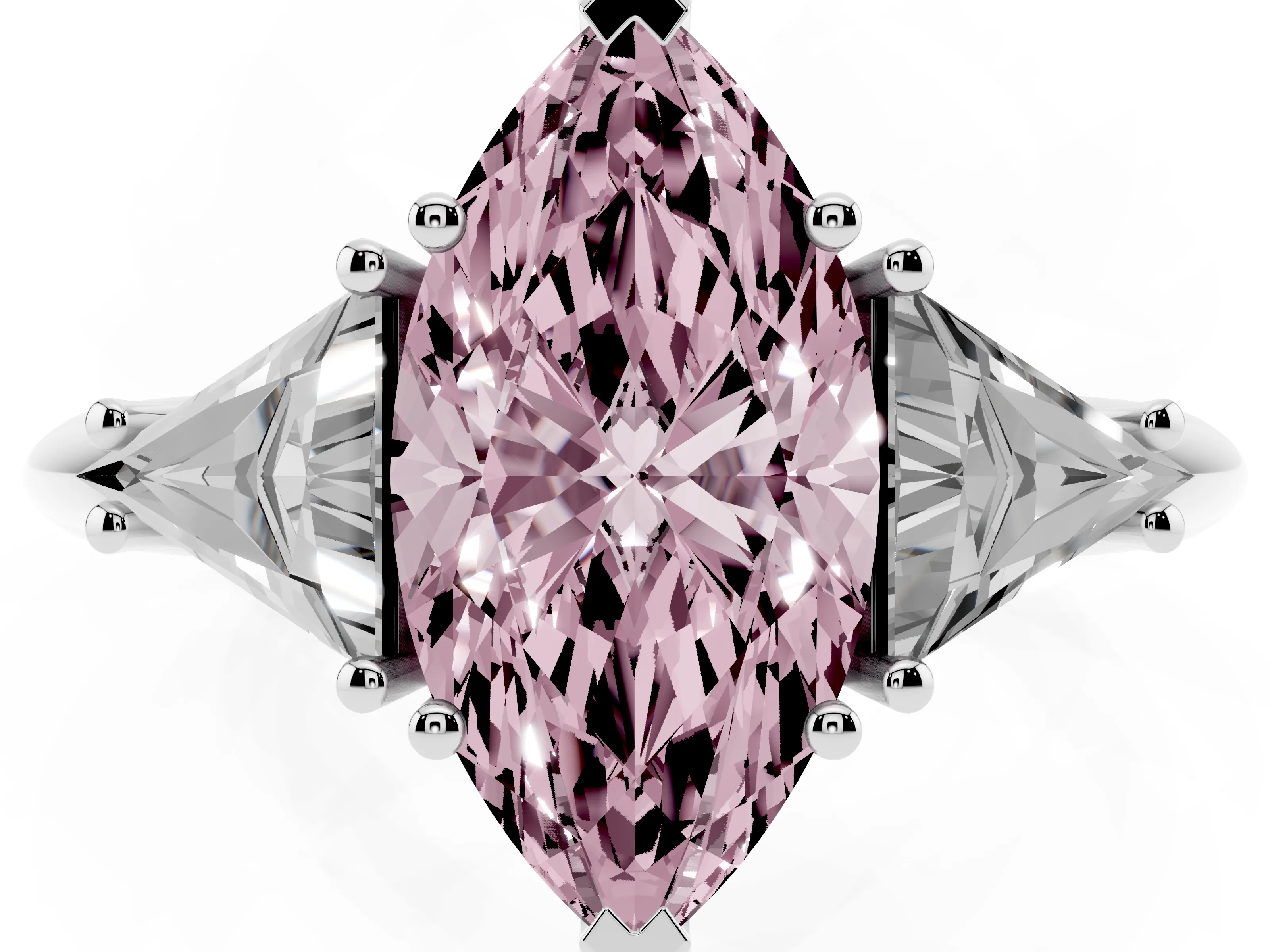 Fancy Pink Marquise Cut Diamond Three-Stone Engagement Ring Set in White gold with Trillion Side Stones