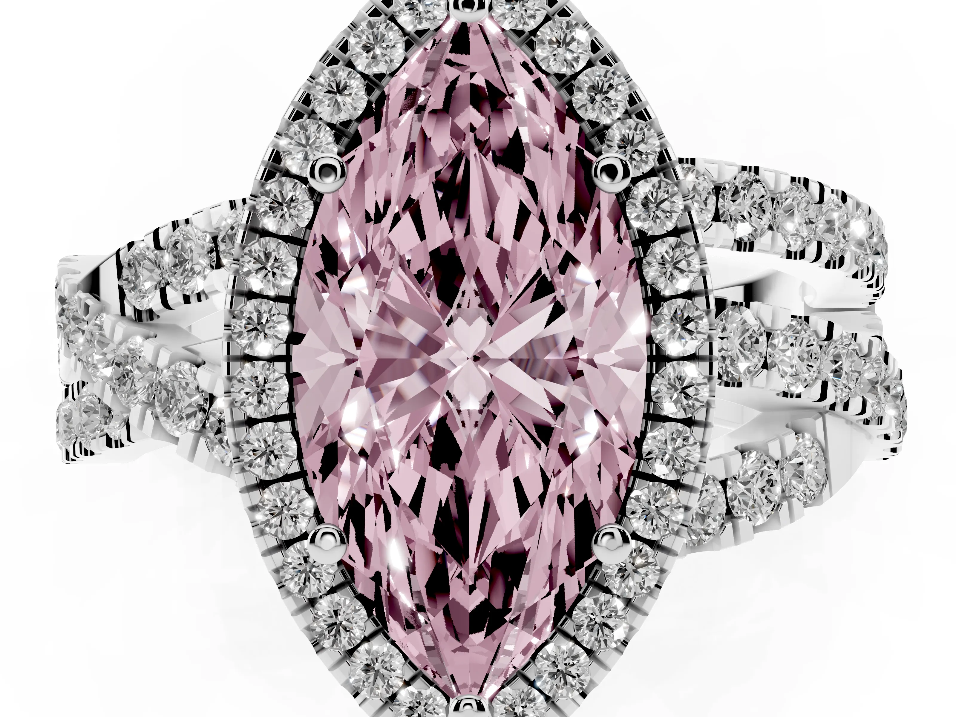 Fancy Pink Marquise Cut Diamond Halo Ring Set in White gold with Round Crossover Split Shank and Prong Setting