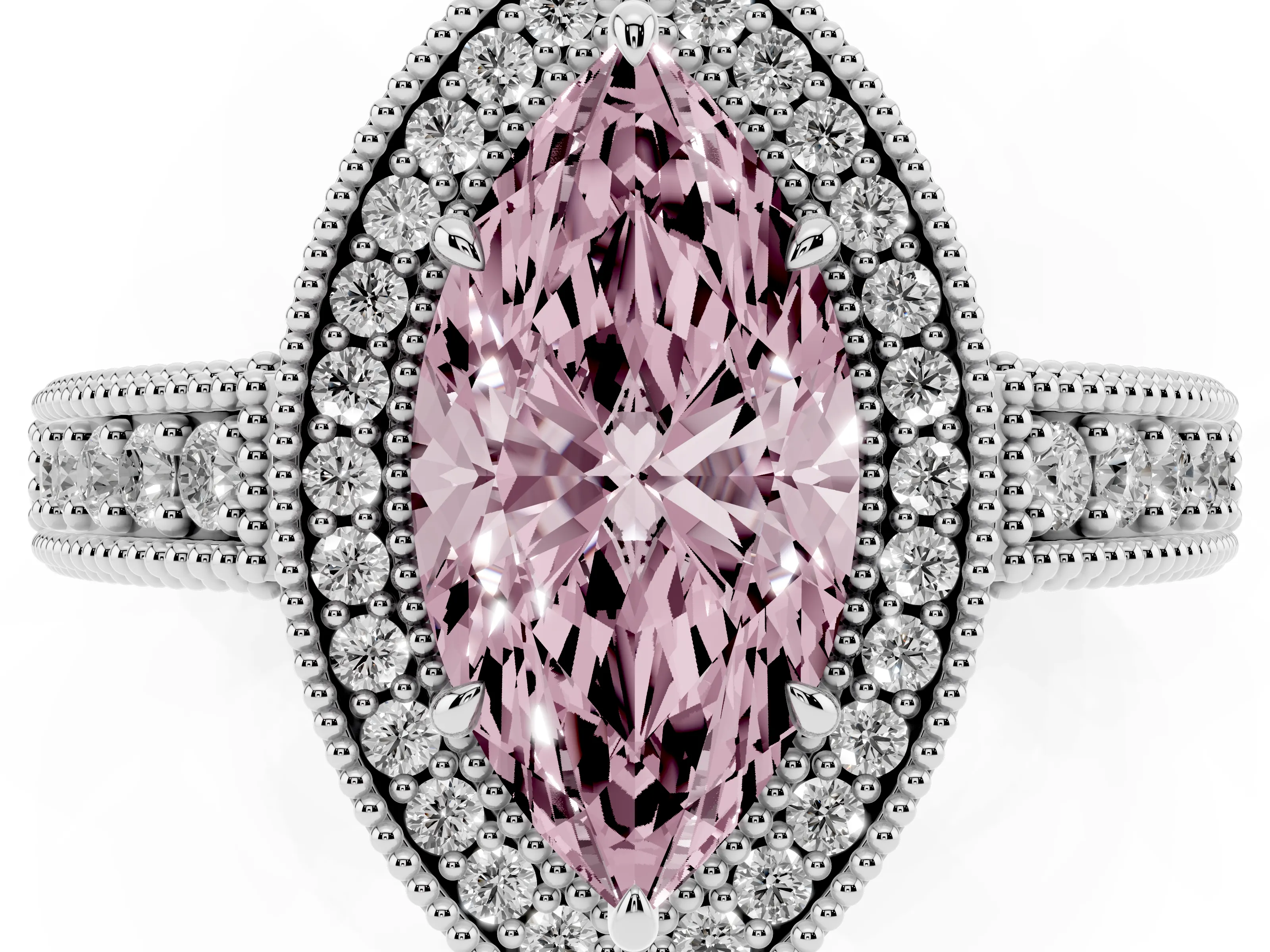 Fancy Pink Marquise Cut Diamond Halo Ring Set in White gold with Round Accent Halo, Pavé Band and Prong Setting