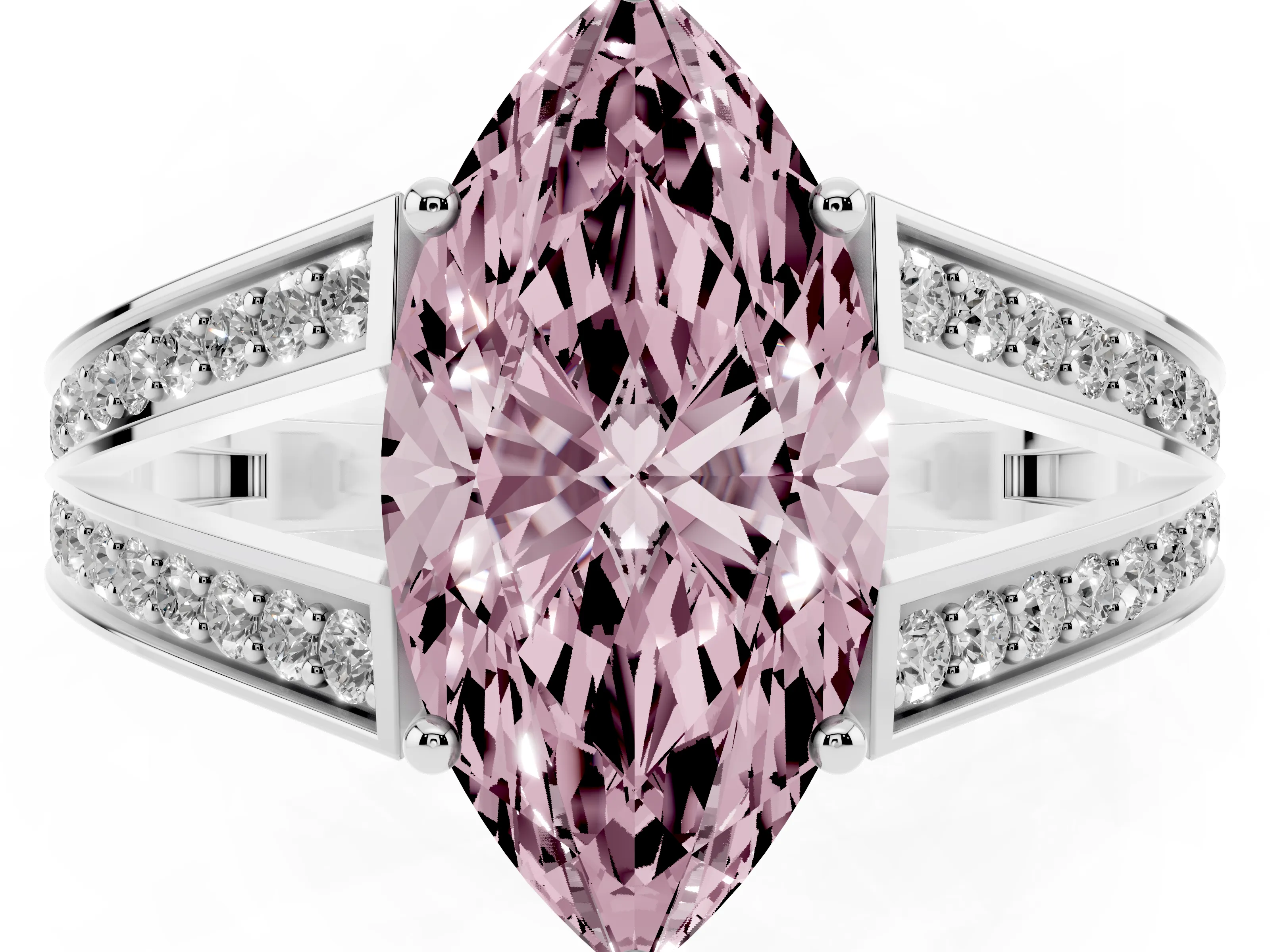Fancy Pink Marquise Cut Diamond Split Shank Ring Set in Silver with Pavé Band and Prong Setting