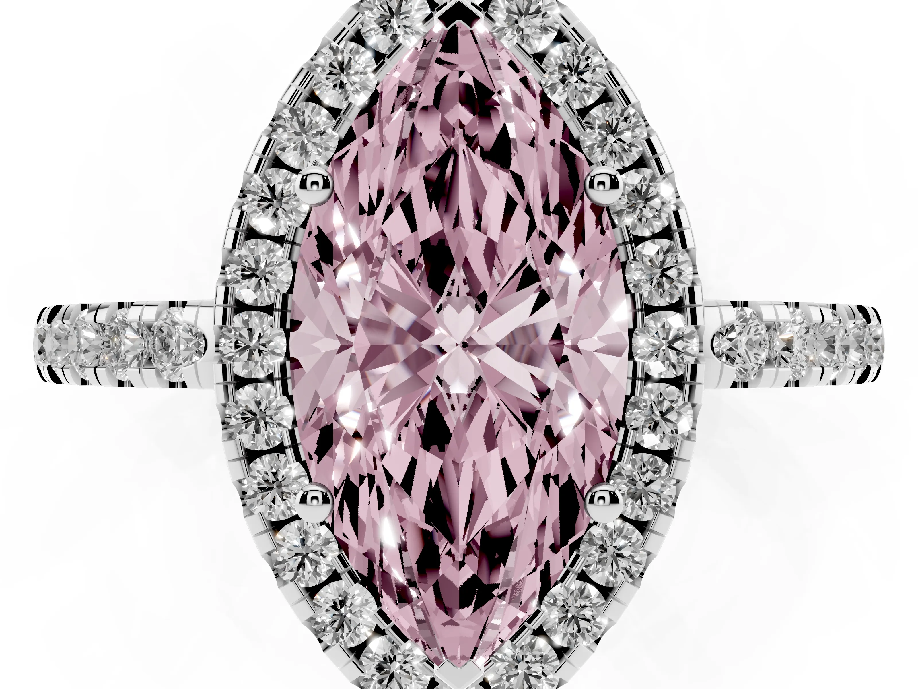 Fancy Pink Marquise Cut Diamond Pavé Band Halo Engagement Ring Set in White gold with Prong Setting
