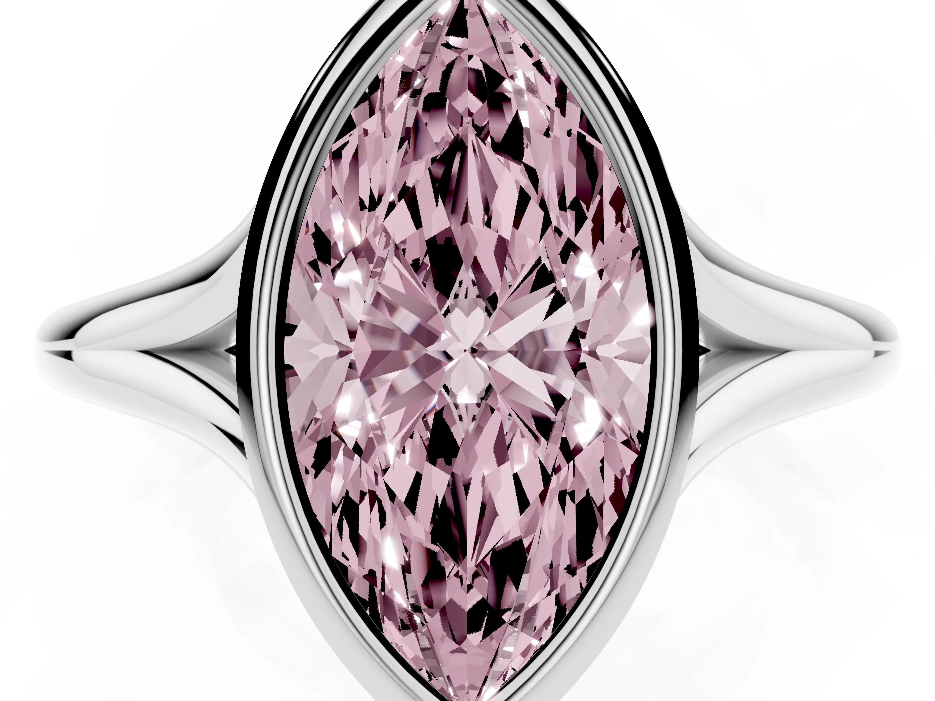 Fancy Pink Bezel Set Marquise Cut Diamond Solitaire Ring Set in White gold with Tapered Band