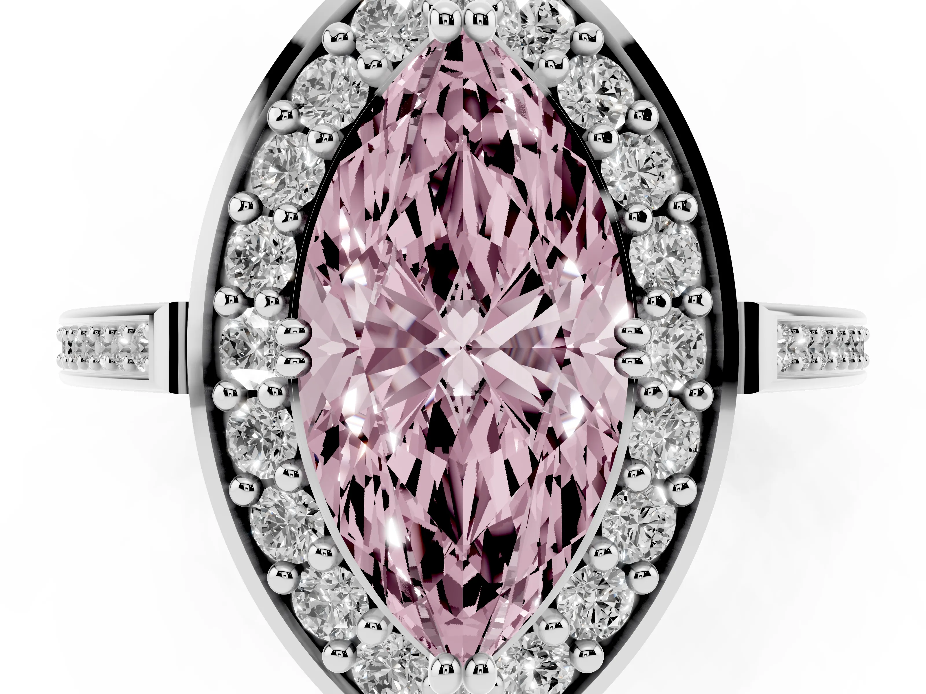 Fancy Pink Marquise Cut Diamond Halo Ring Set in Silver with Accent-Lined Split Shank and Prong Setting