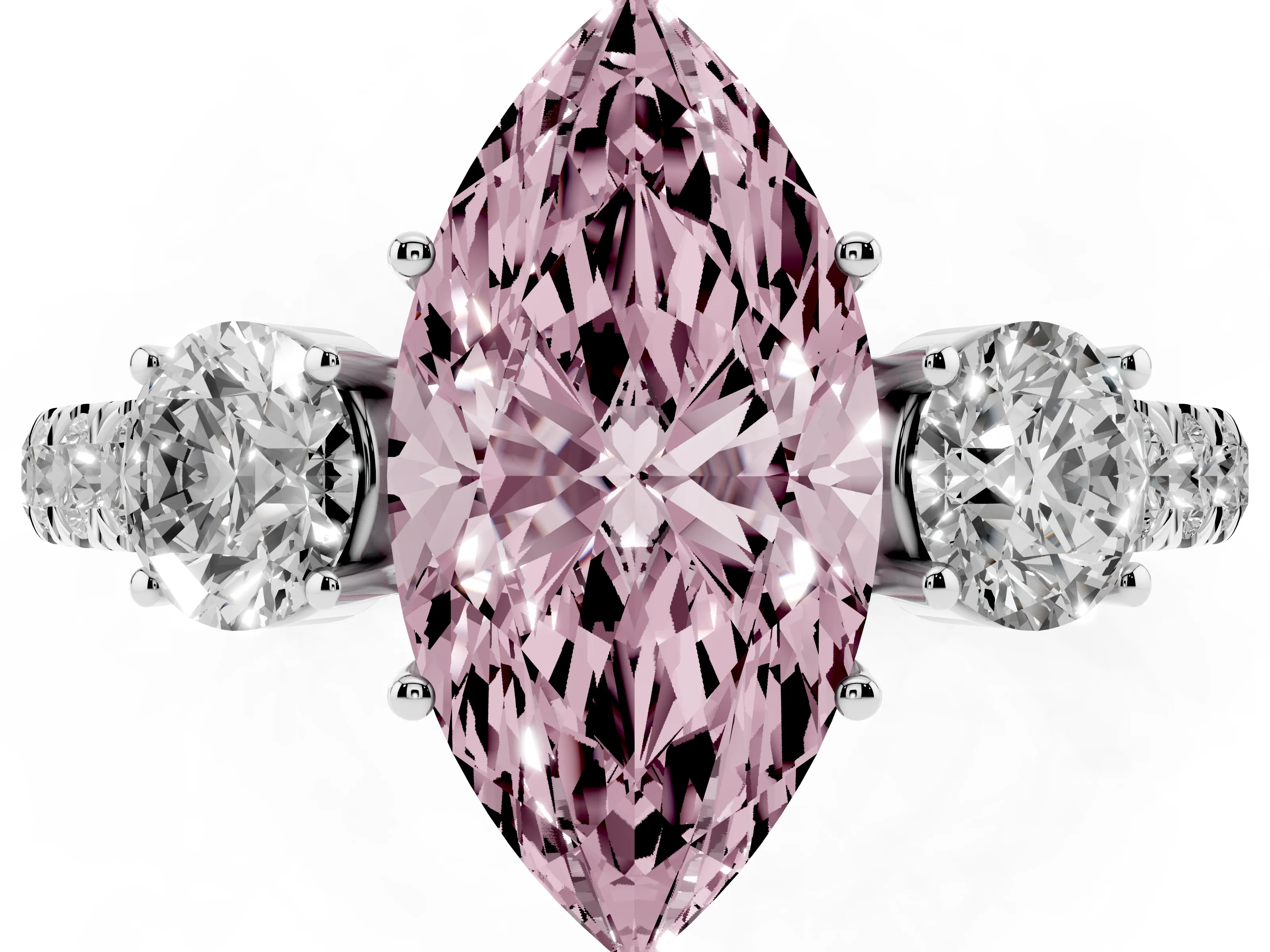 Fancy Pink Marquise Cut Diamond Three-Stone Ring Set in Silver with Round Side Stones and Delicate Pavé Band