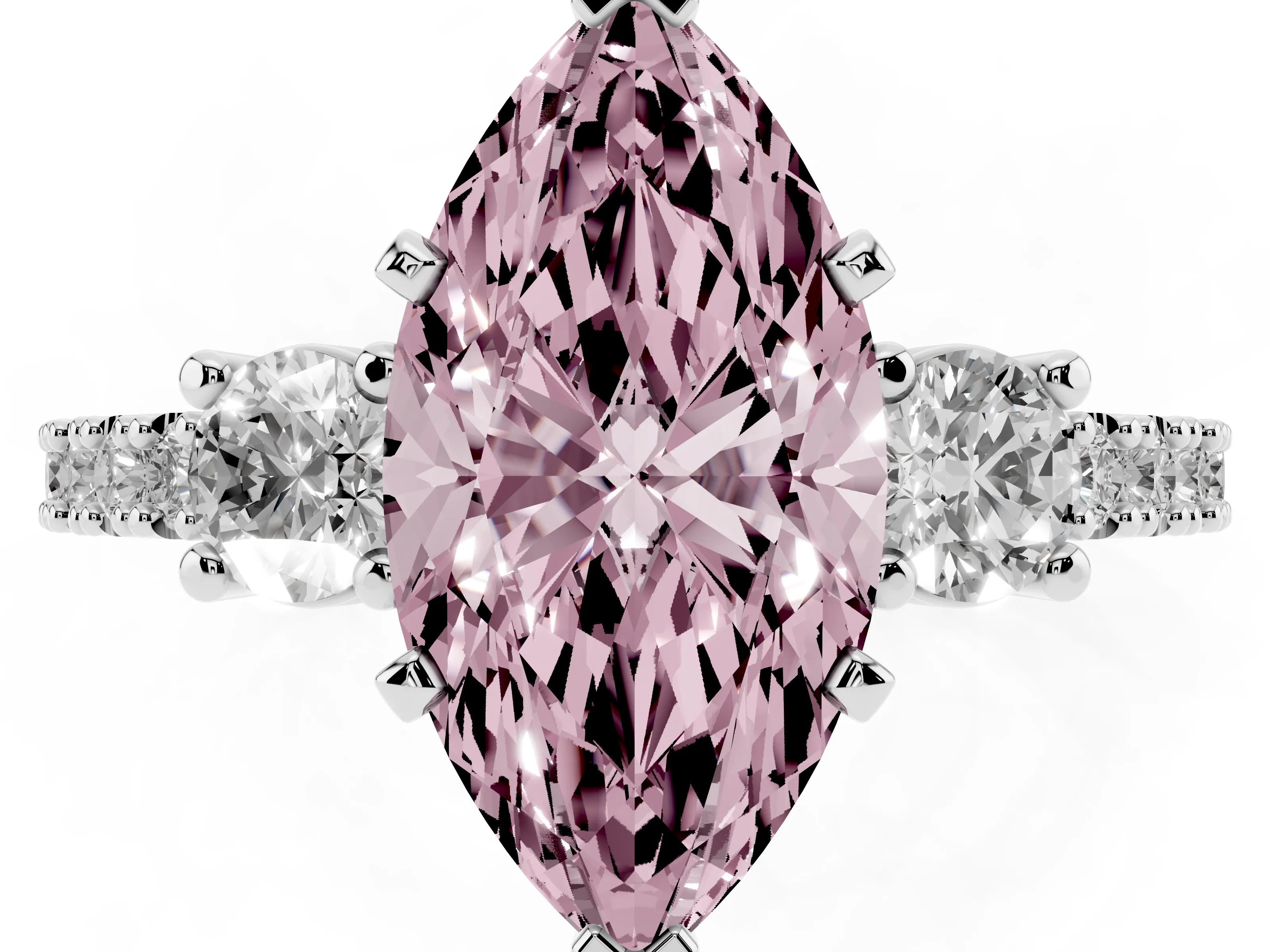 Fancy Pink Three-Stone Marquise Cut Diamond Pavé Band Ring Set in White gold with Prong Setting