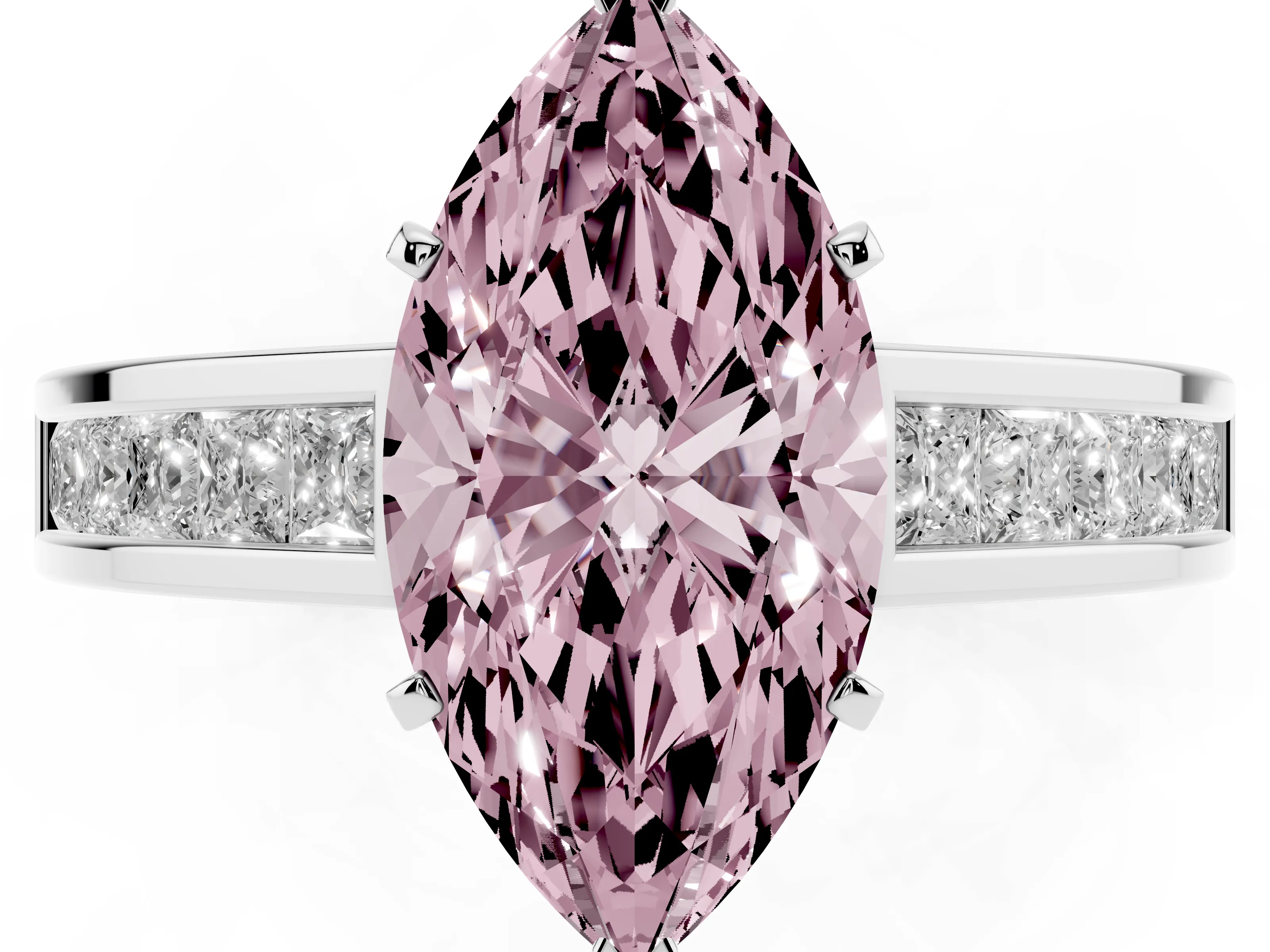 Fancy Pink Marquise Cut Diamond Solitaire Ring Set in Platinum with Channel-Set Band and Prong Setting