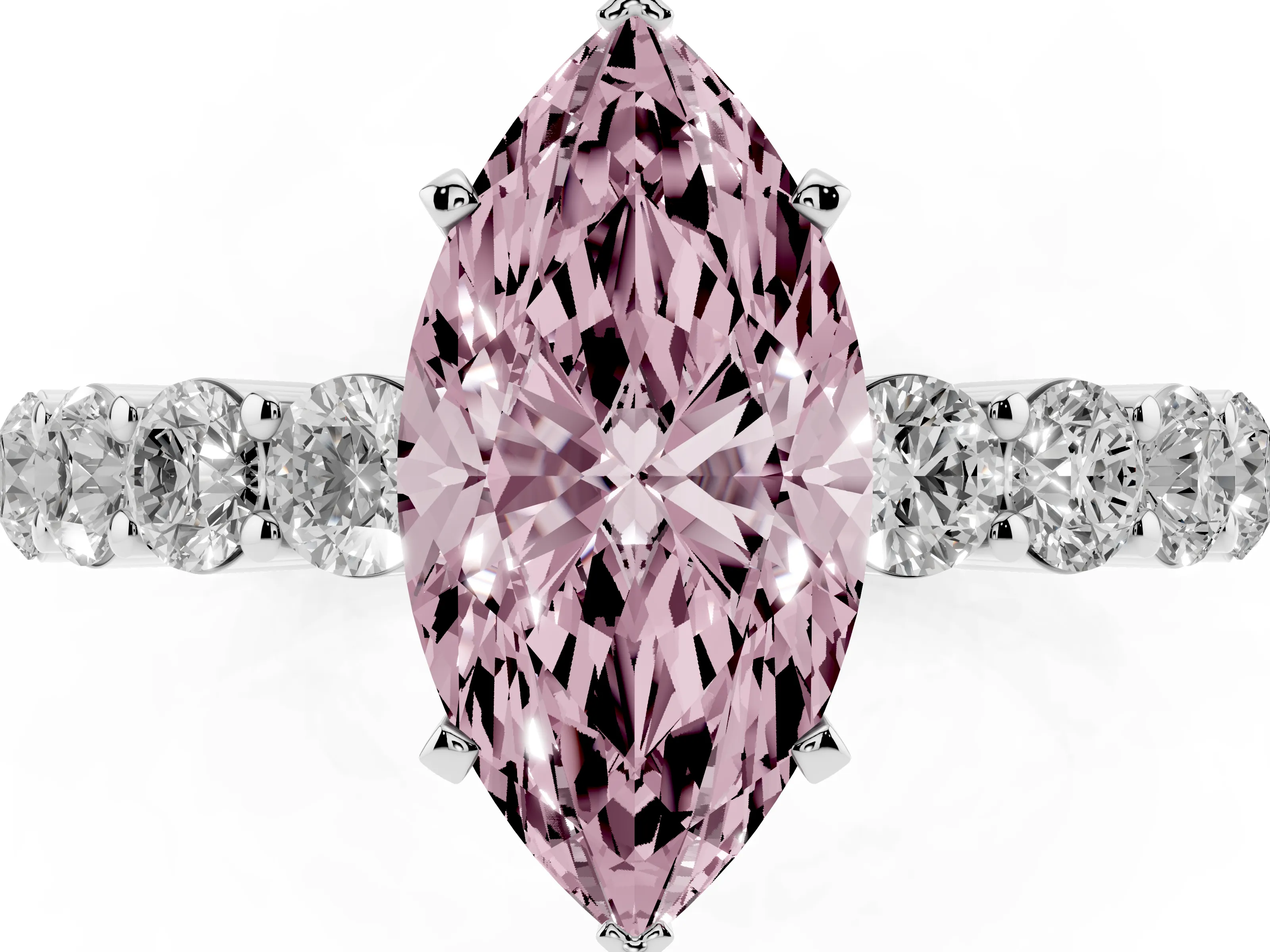 Fancy Pink Marquise Cut Diamond Solitaire Ring Set in Silver with Shared Prong Round Side Stones