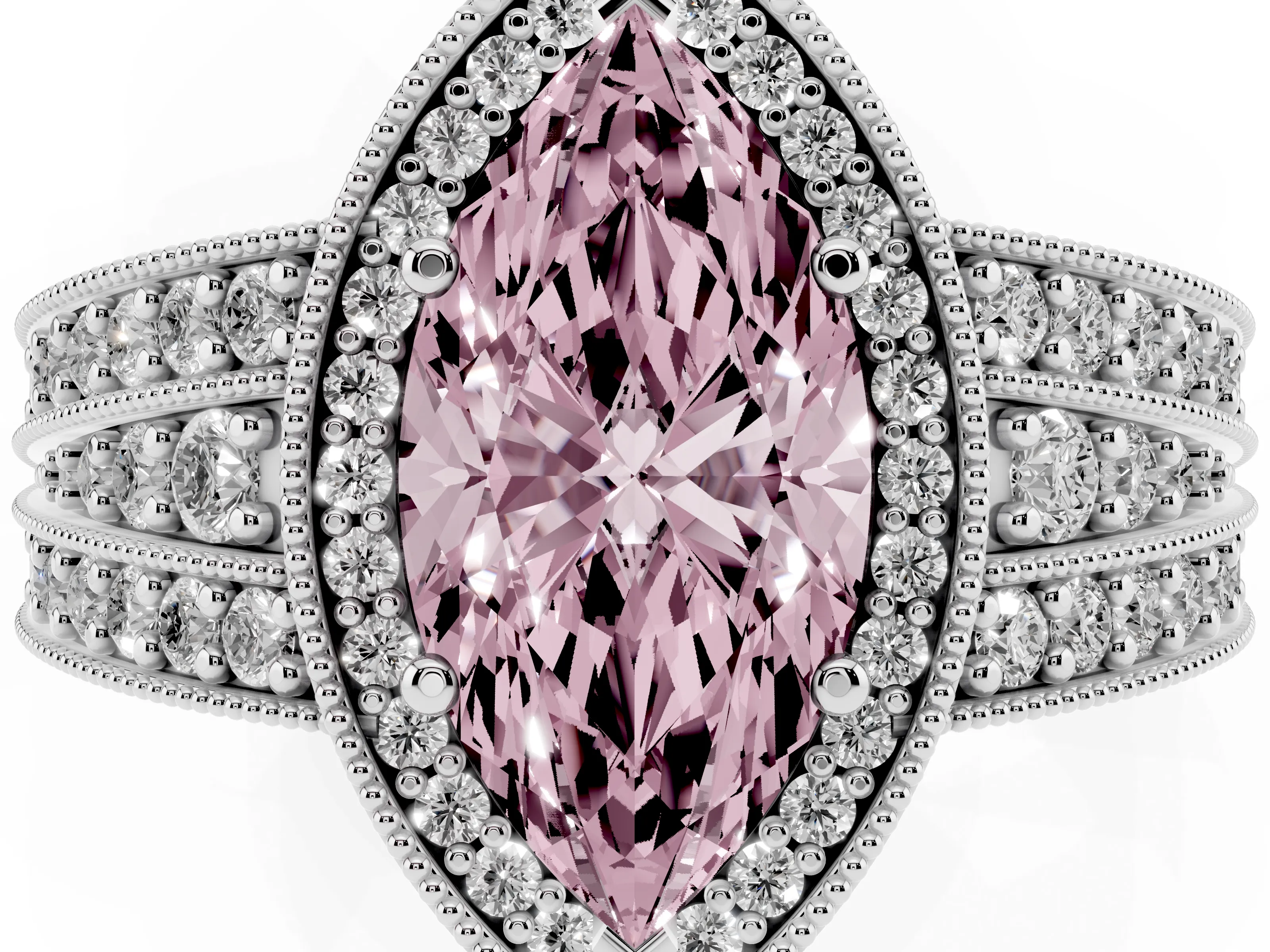 Fancy Pink Marquise Cut Diamond Halo Ring Set in Silver with Accent Split Shank and Prong Setting
