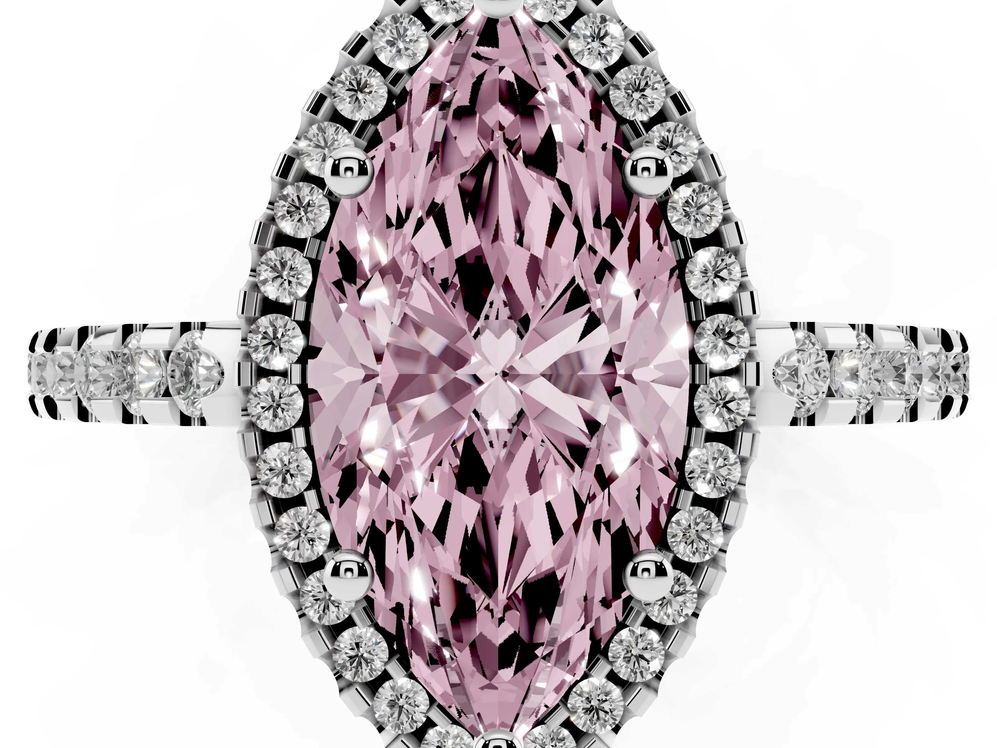 Fancy Pink Marquise Cut Diamond Halo Ring Set in White gold with Pavé Shoulders and Halo-Framed Center