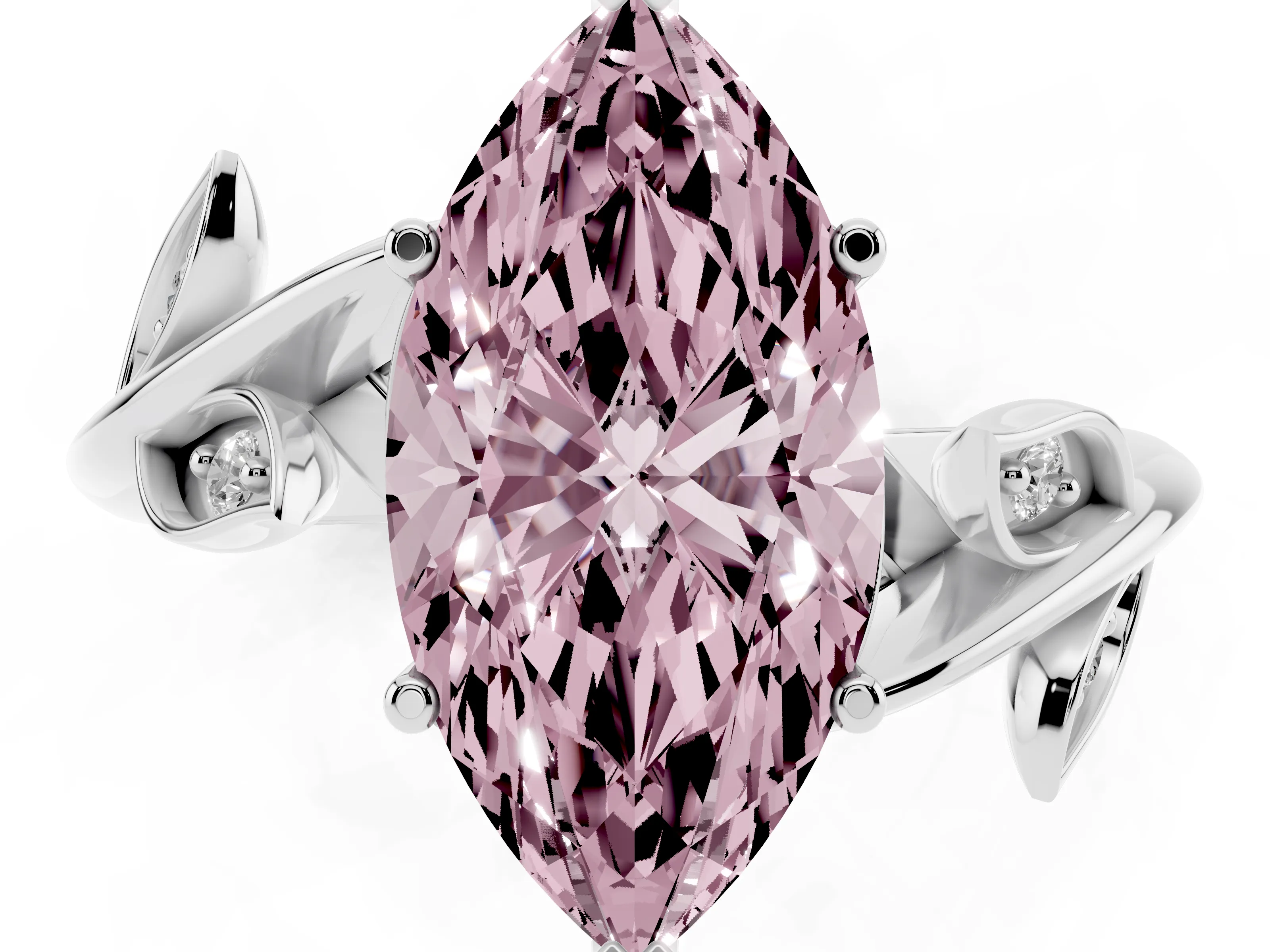 Fancy Pink Marquise Cut Diamond Solitaire Twist Engagement Ring Set in White gold with Pavé Leaf Accents