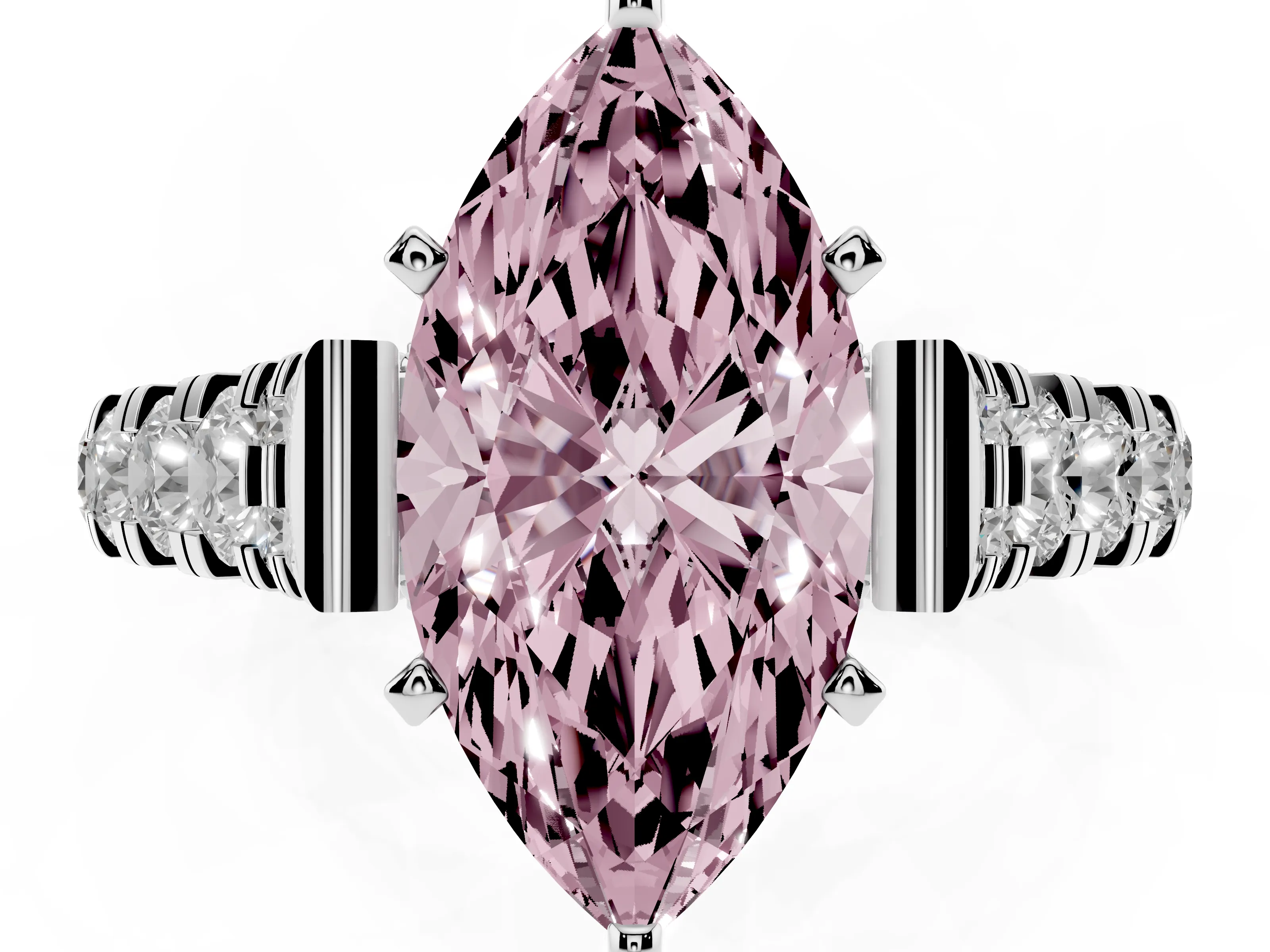 Fancy Pink Marquise Cut Diamond Classic Solitaire Ring Set in Silver with Pavé Band and Prong Setting