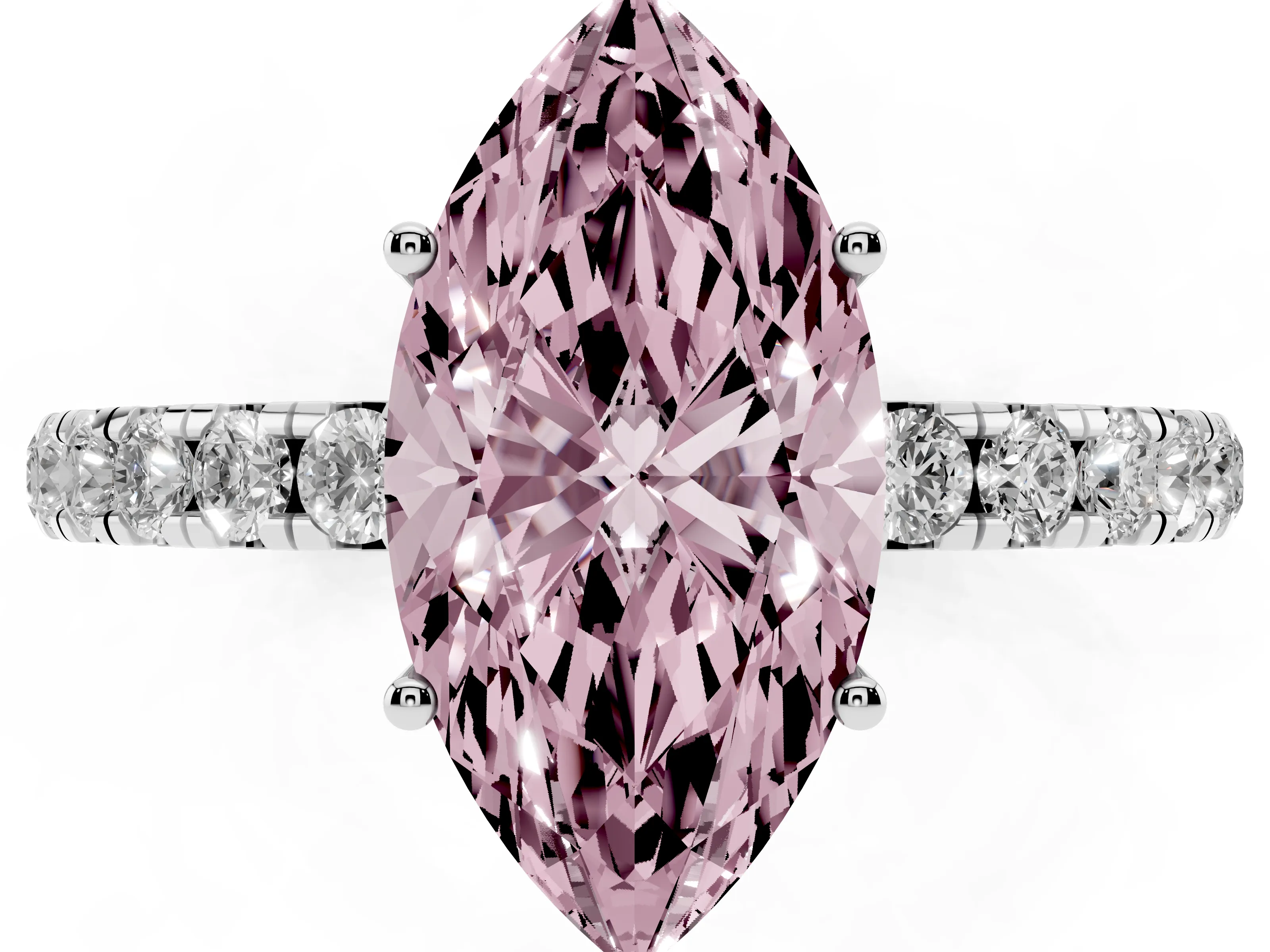 Fancy Pink Marquise Cut Diamond Pavé Solitaire Engagement Ring Set in Platinum with Prong Setting