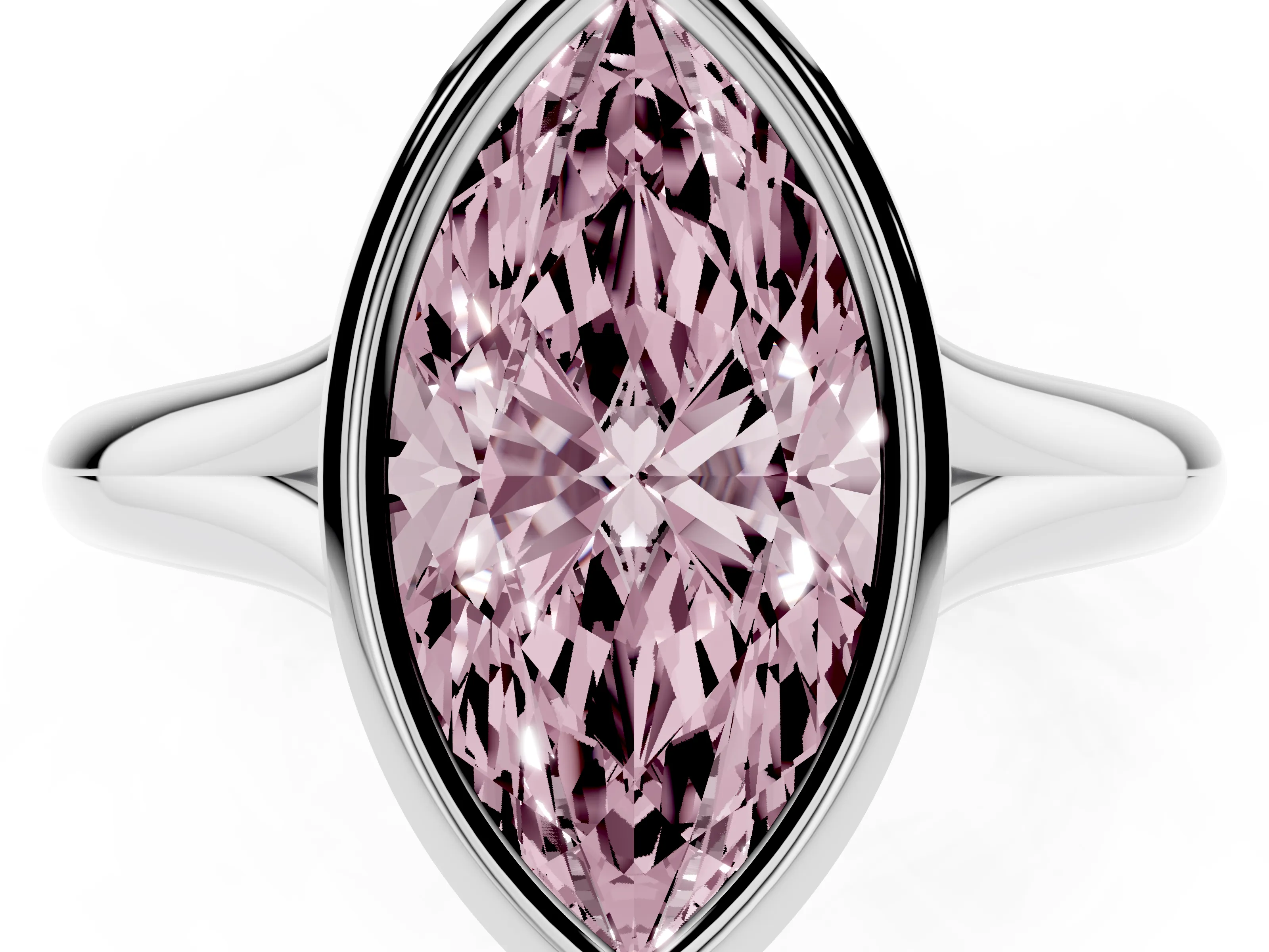 Fancy Pink Bezel Set Marquise Cut Diamond Solitaire Ring Set in White gold with Smooth Band