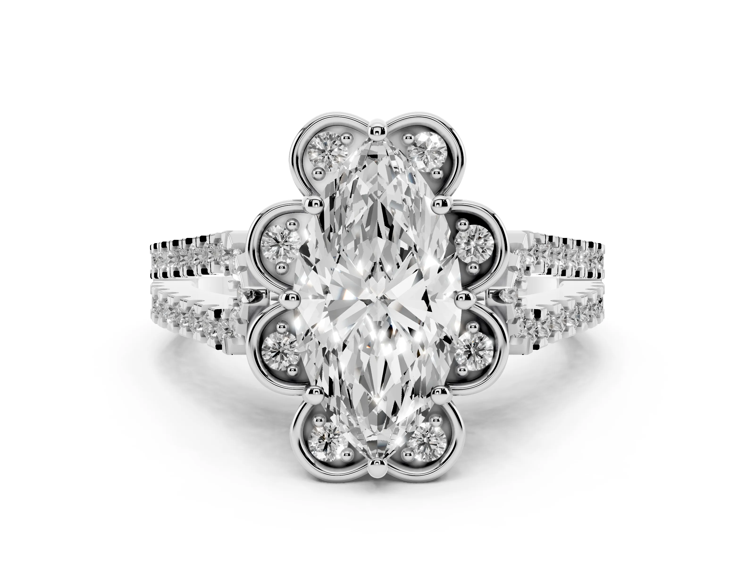 Marquise Cut Diamond Floral Halo Split Shank Engagement Ring Set in Platinum with Pavé Shank