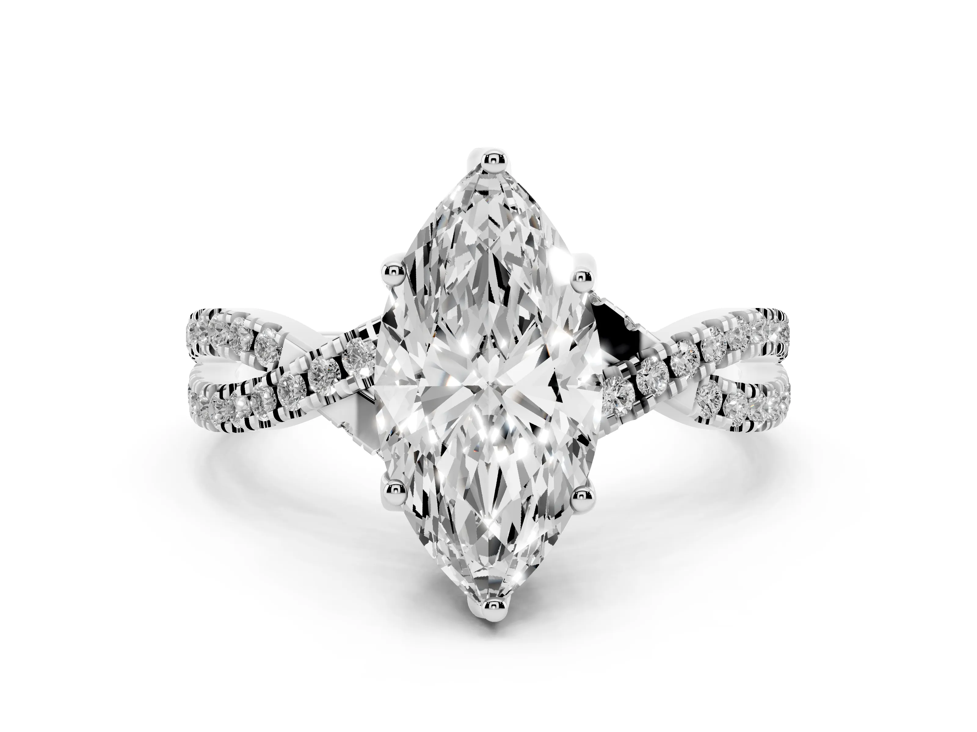 Marquise Cut Diamond Twist Pavé Solitaire Engagement Ring Set in White gold with Prong Setting