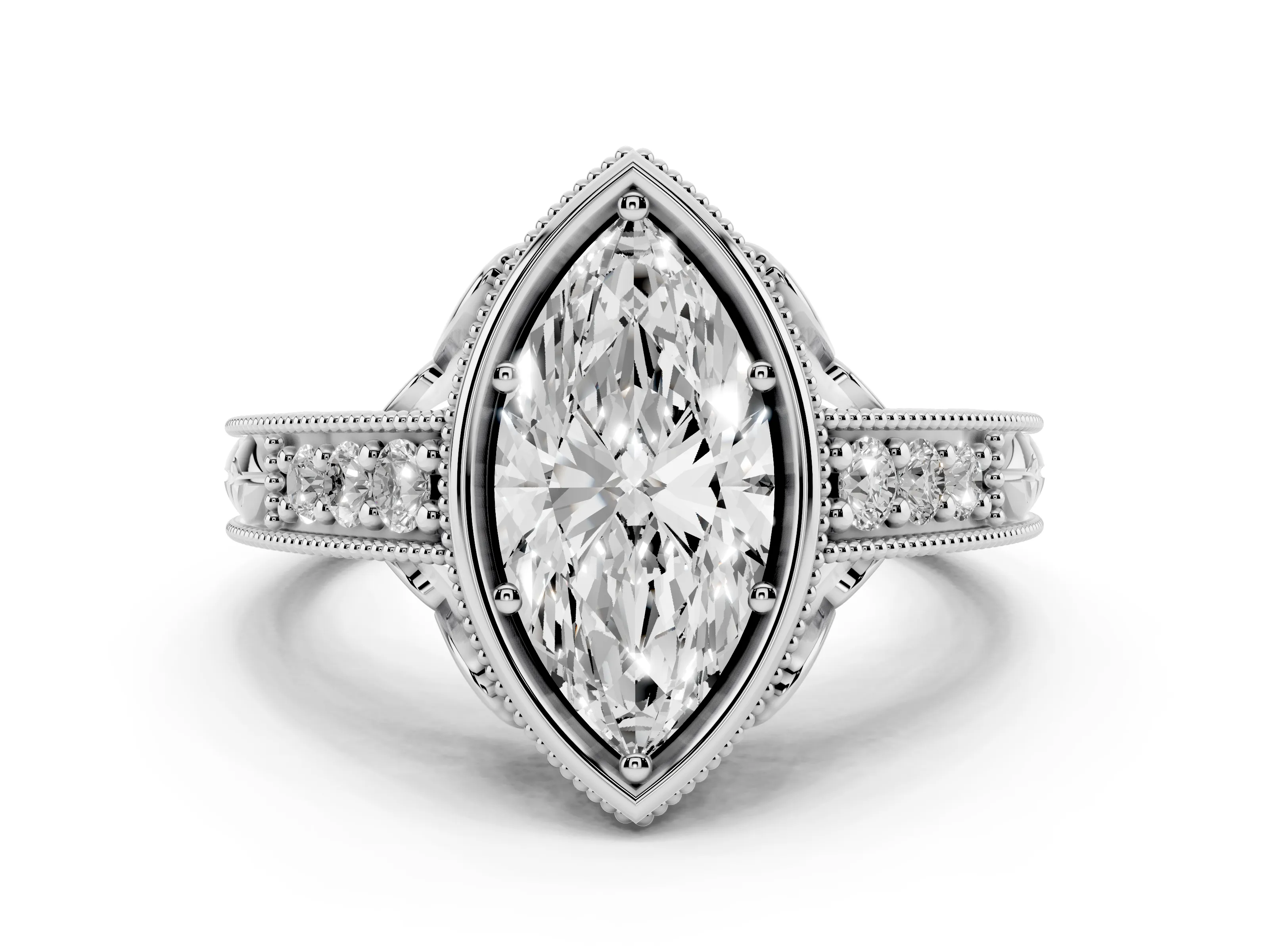 Bezel Set Marquise Cut Diamond Milgrain Pavé Engagement Ring Set in White gold