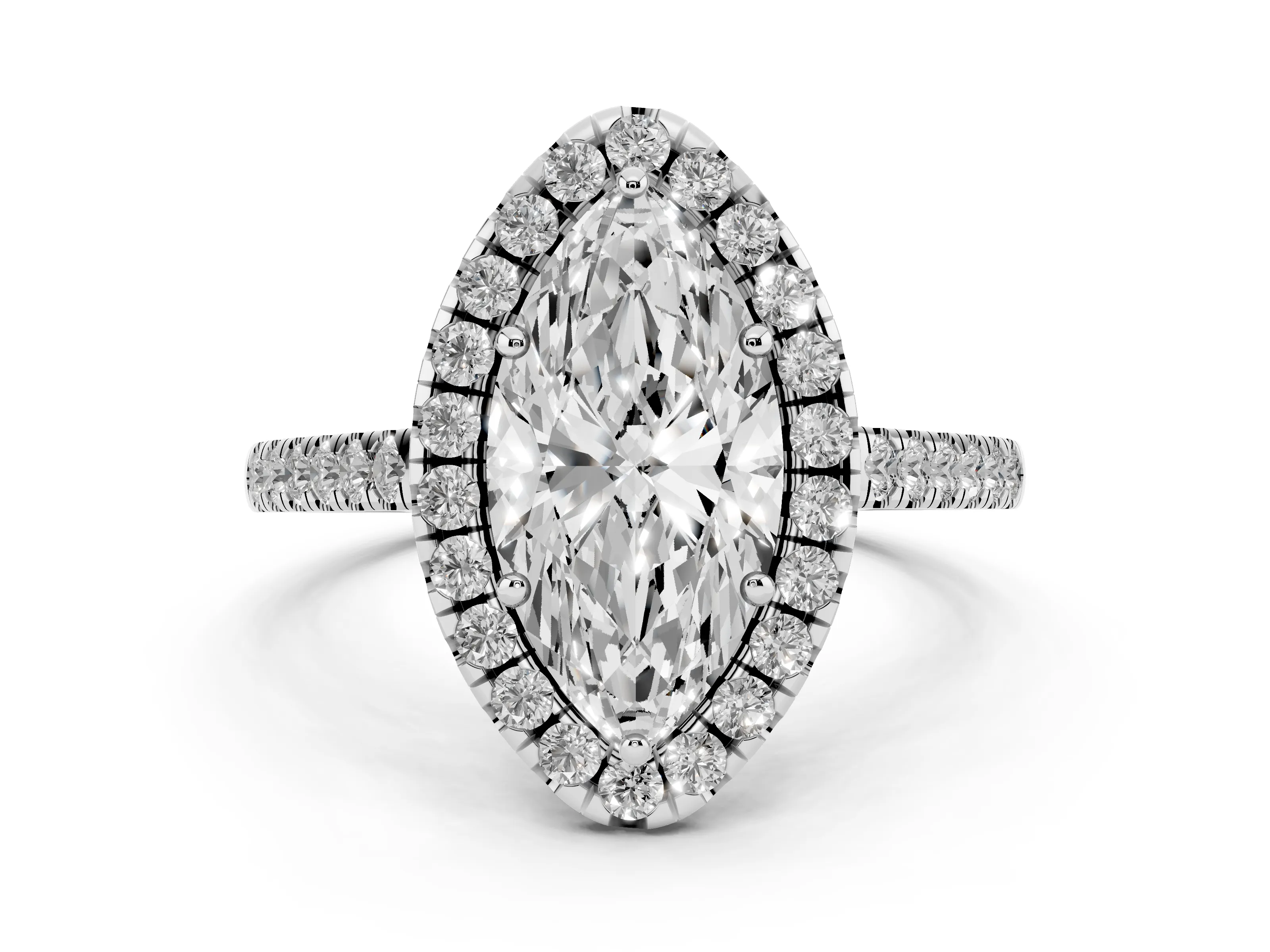 Marquise Cut Diamond Pavé Halo Engagement Ring Set in White gold with Pavé Band and Prong Setting