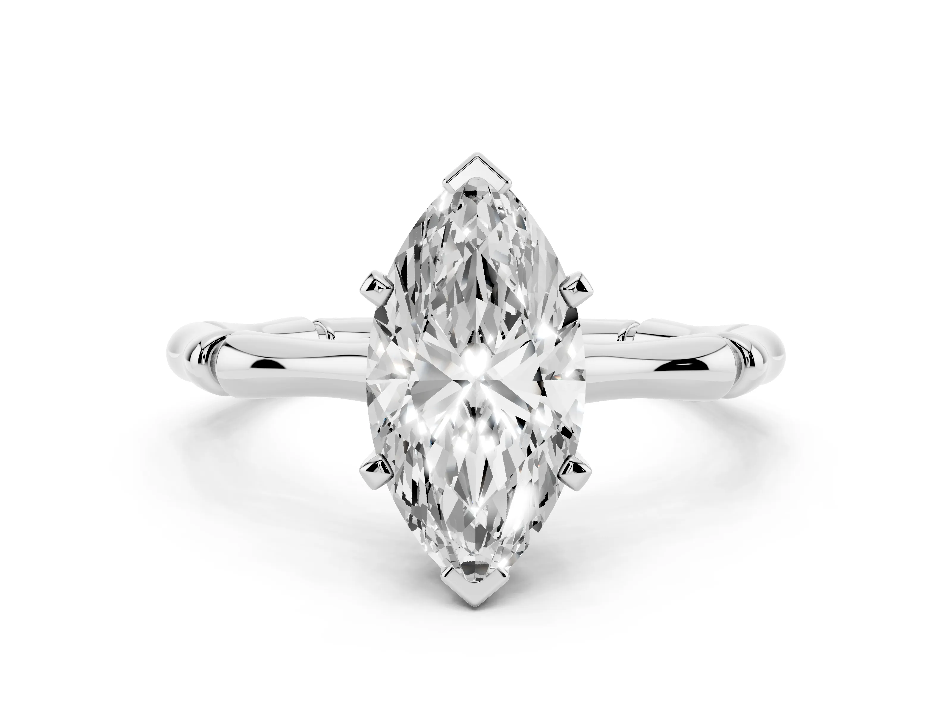 Marquise Cut Diamond Solitaire Ring Set in Silver with Bamboo Band and Prong Setting
