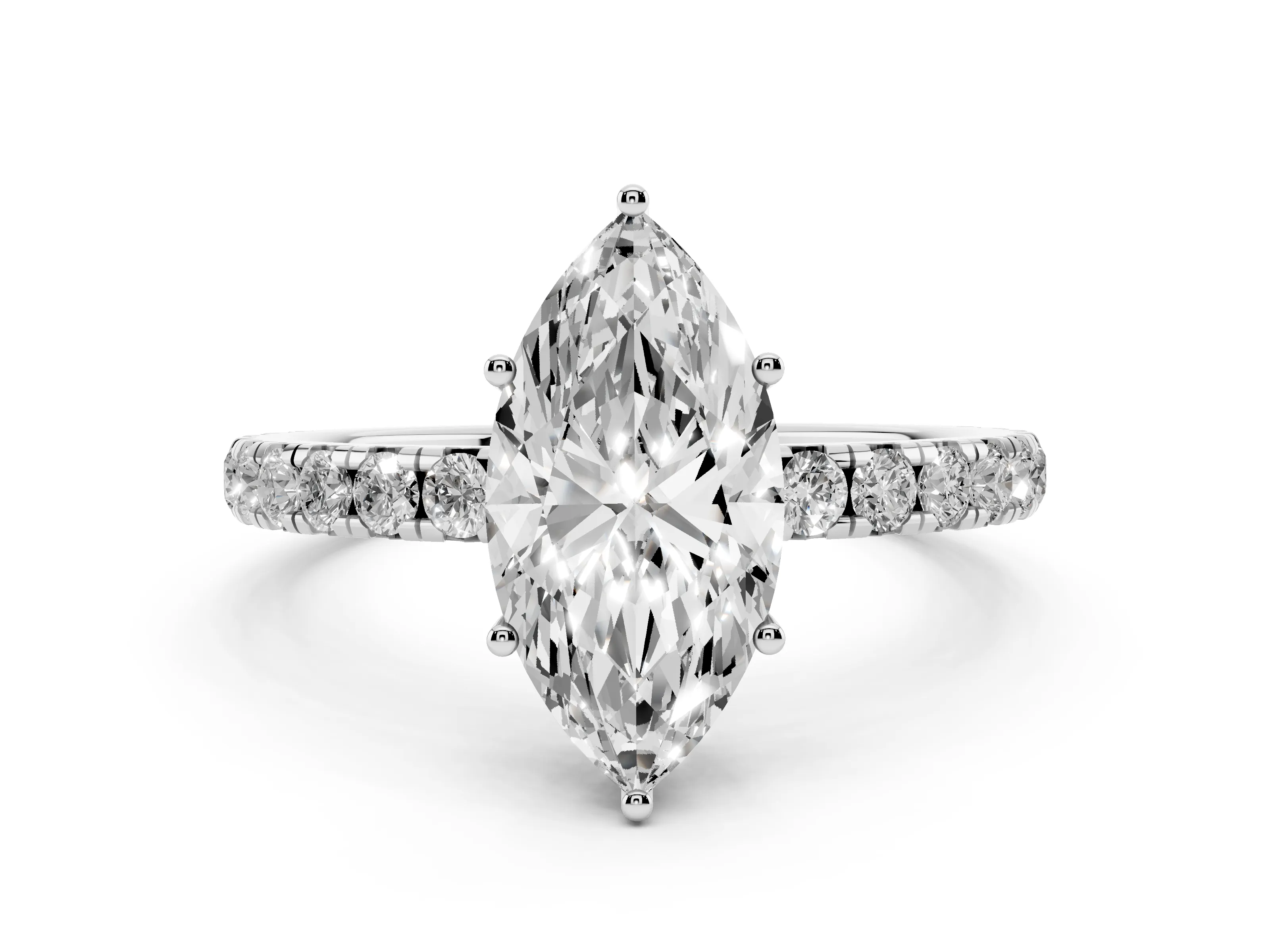 Marquise Cut Diamond Pavé Solitaire Engagement Ring Set in White gold with Prong Setting