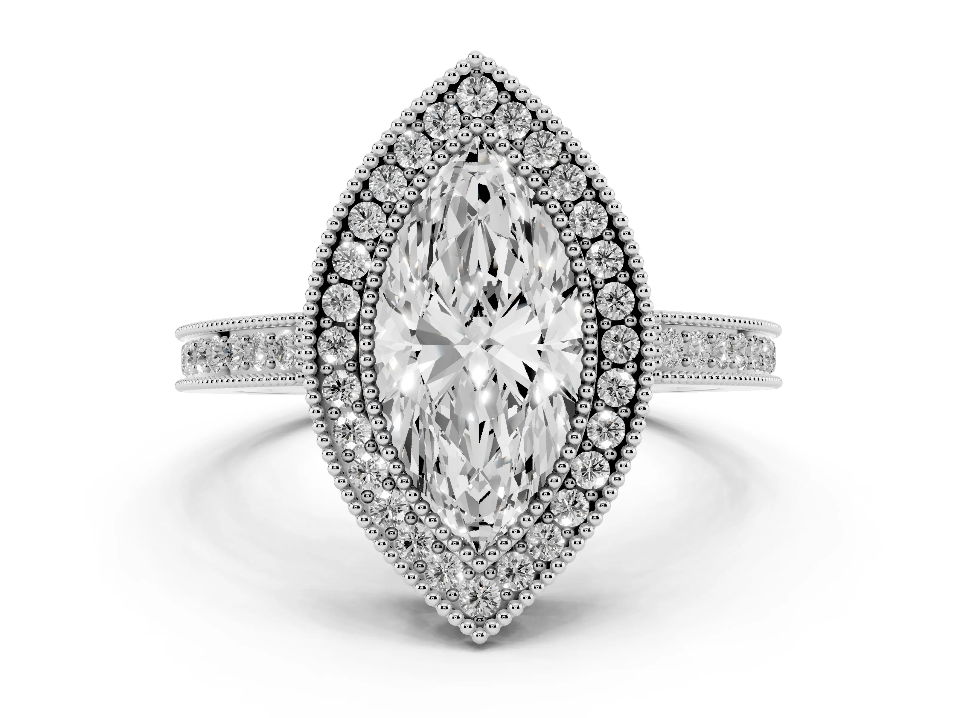 Marquise Cut Diamond Halo Ring Set in White gold with Pavé Band and Milgrain-Edged Prongs