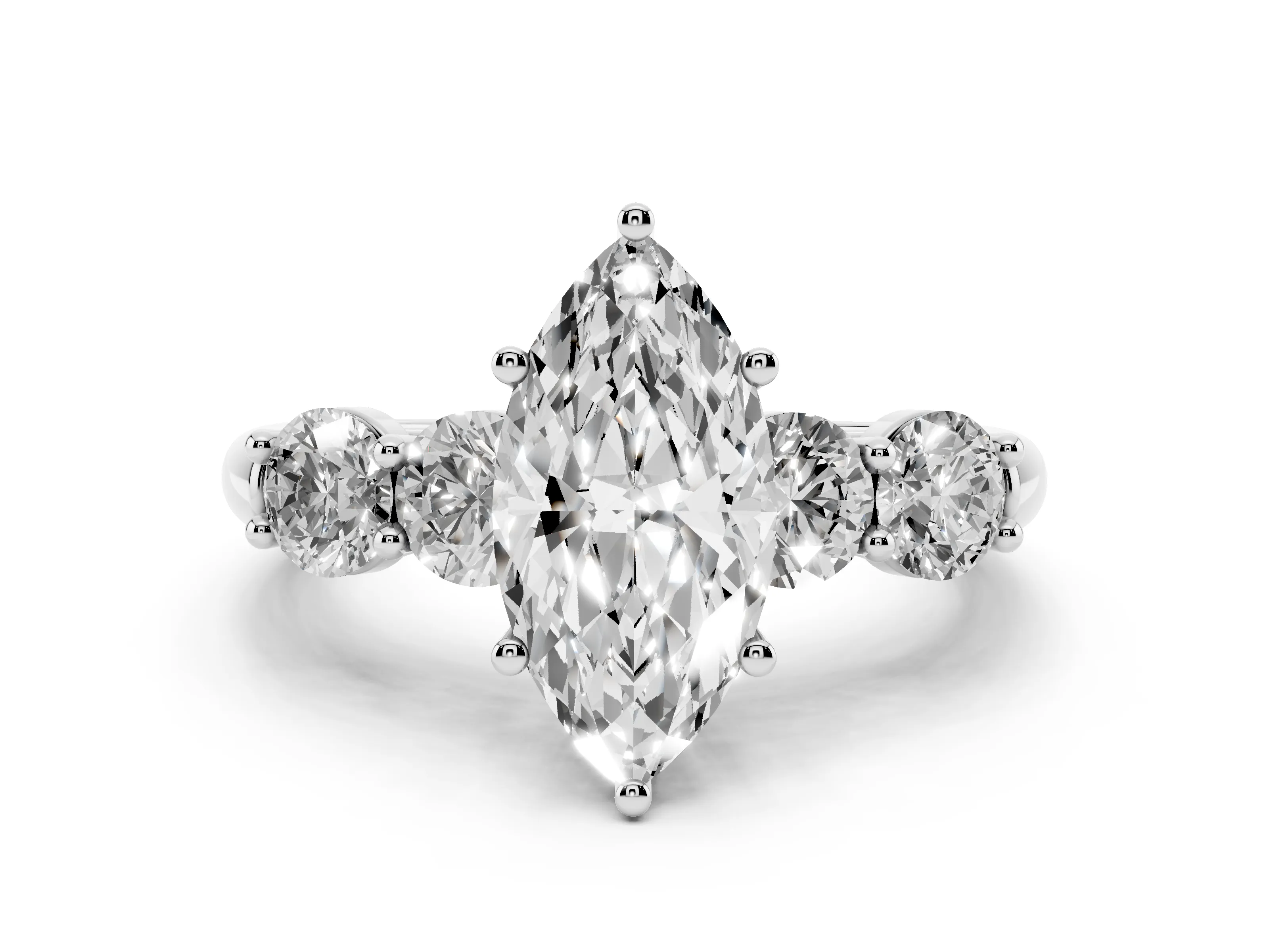 Marquise Cut Diamond Five-Stone Prong Set Ring Set in White gold with Classic Band