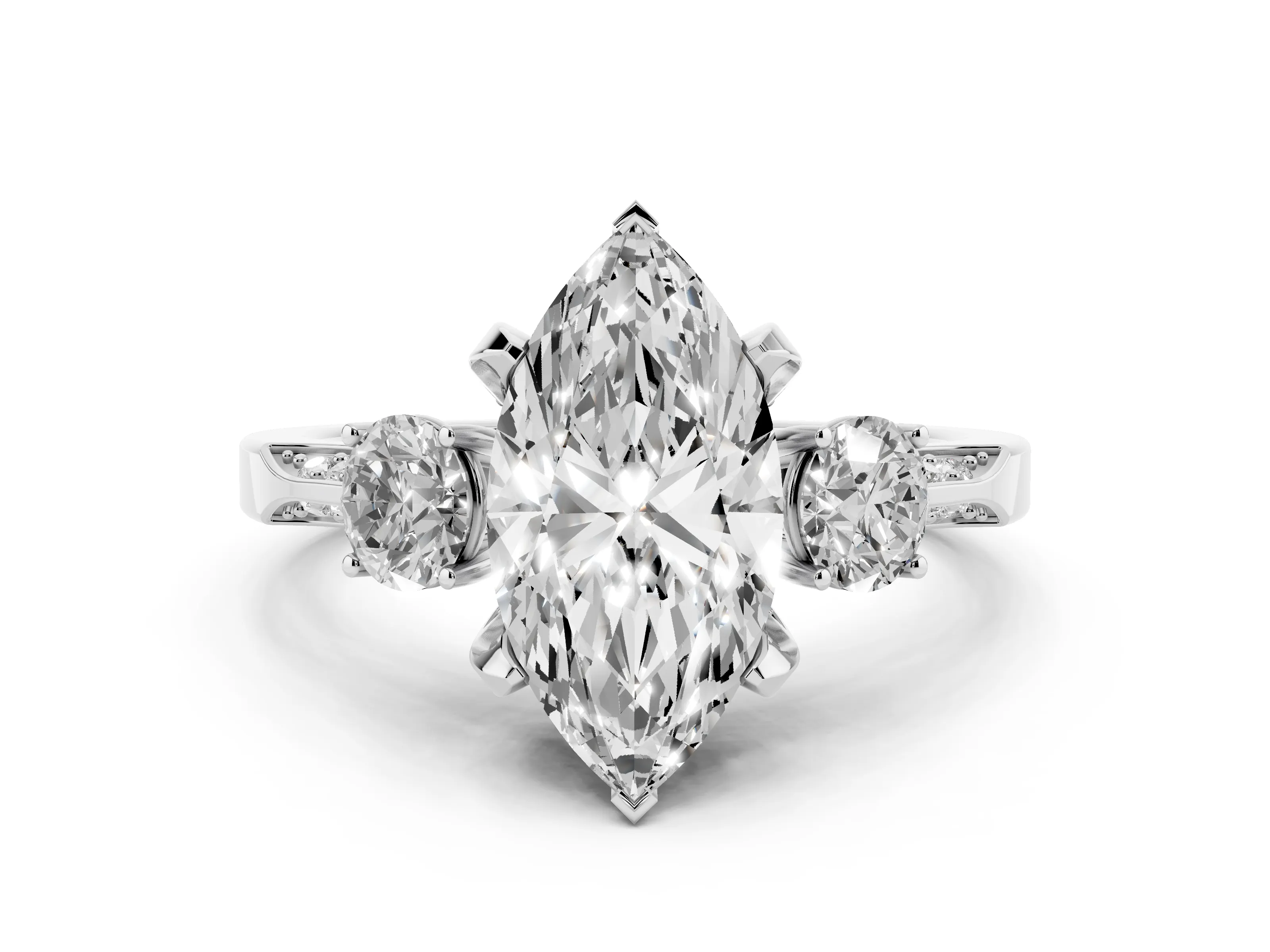Marquise Cut Diamond Three-Stone Ring Set in Silver with Pavé Band and Smaller Side Stones