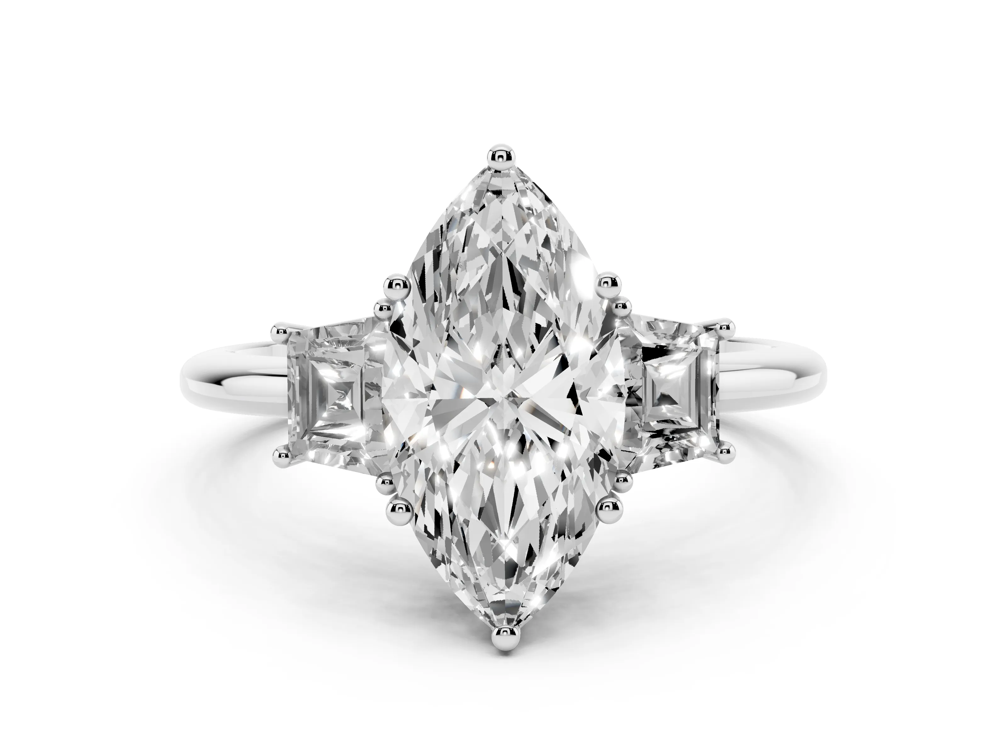 Marquise Cut Diamond Three-Stone Ring Set in White gold with Trapezoid Side Stones and Prong Setting
