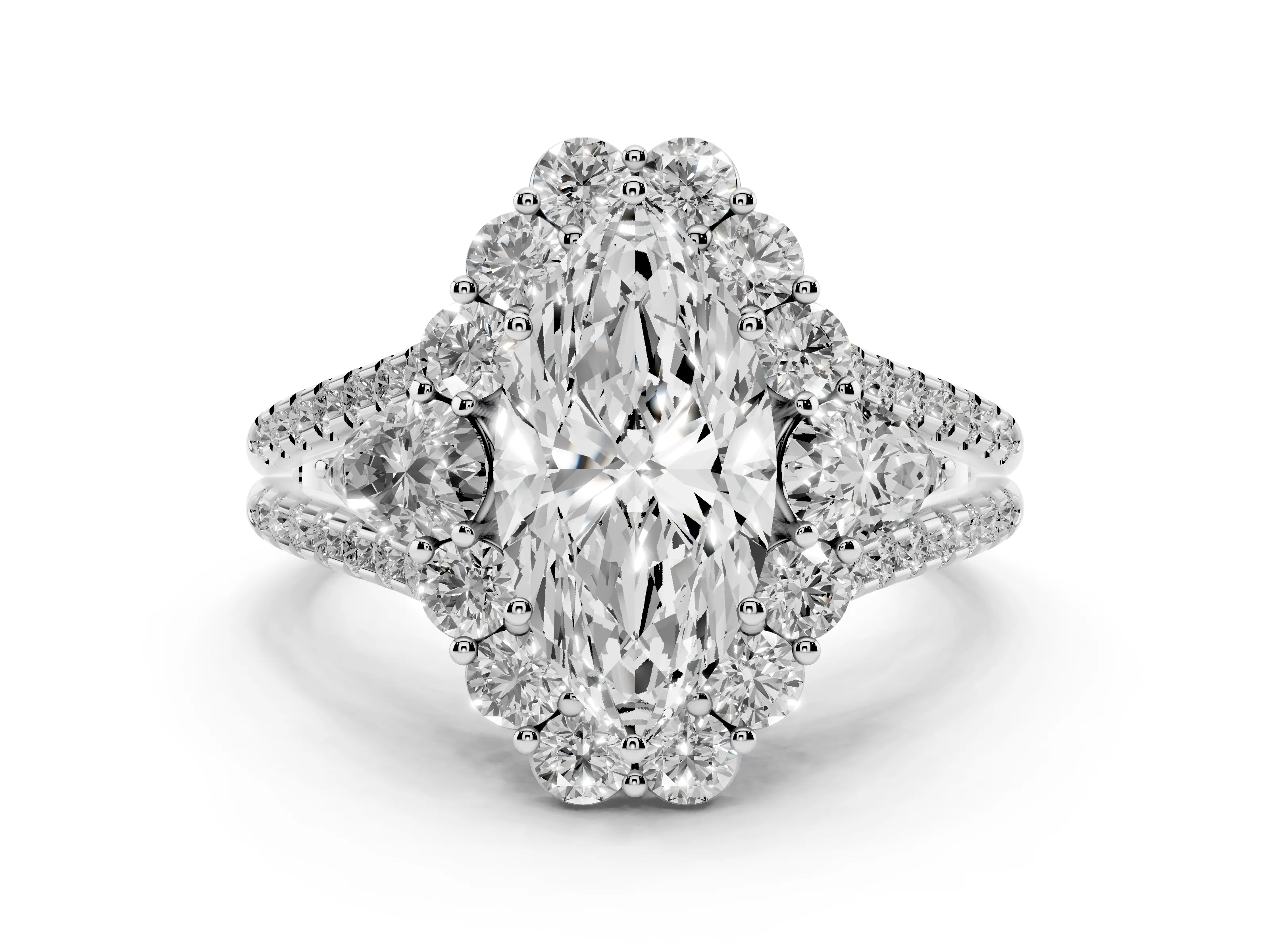 Marquise Cut Diamond Halo Split Shank Engagement Ring Set in White gold with Prong-Held Center Stone