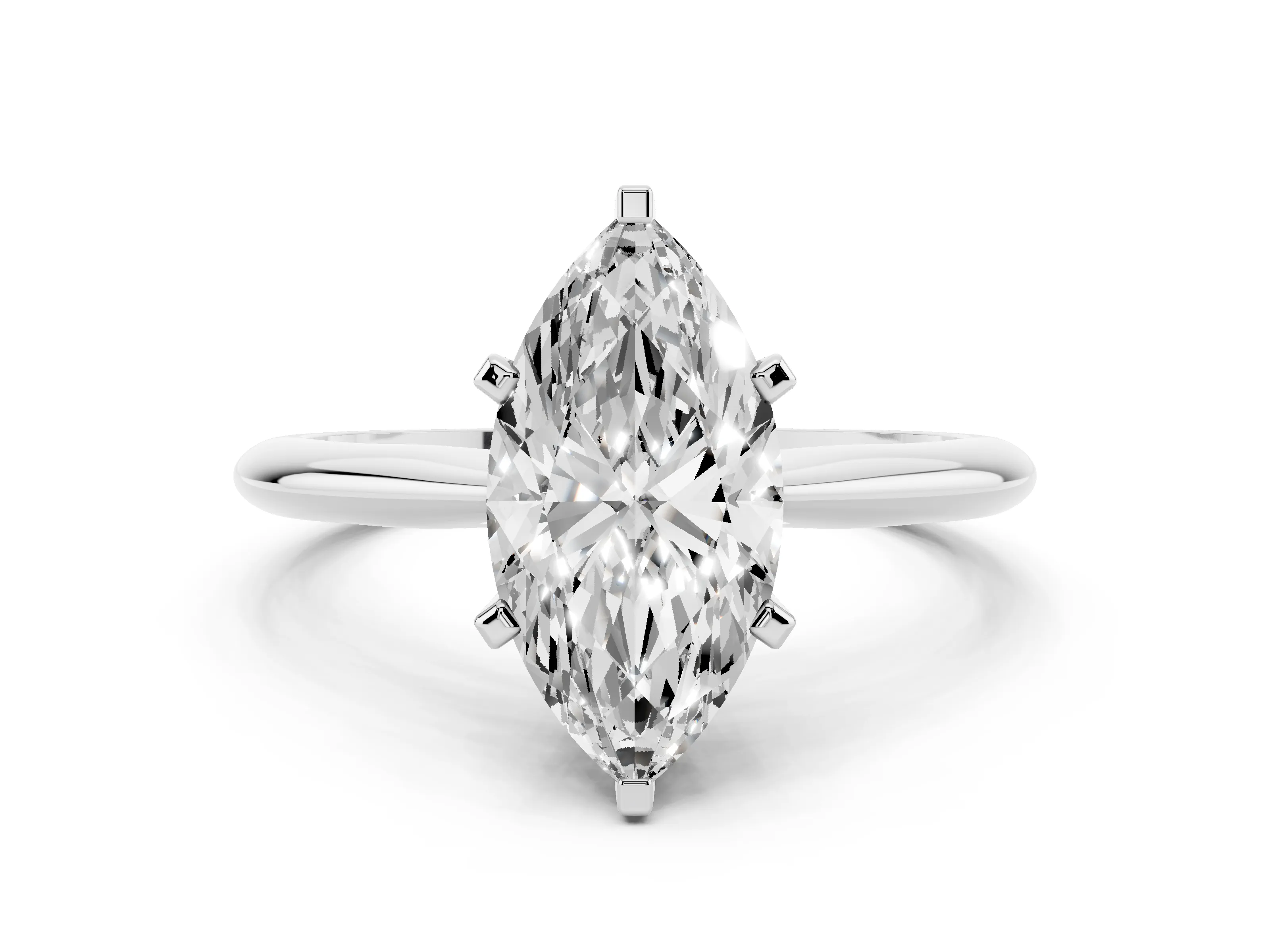 Marquise Cut Diamond Solitaire Ring Set in Platinum with Prong Setting on a Plain Round Band