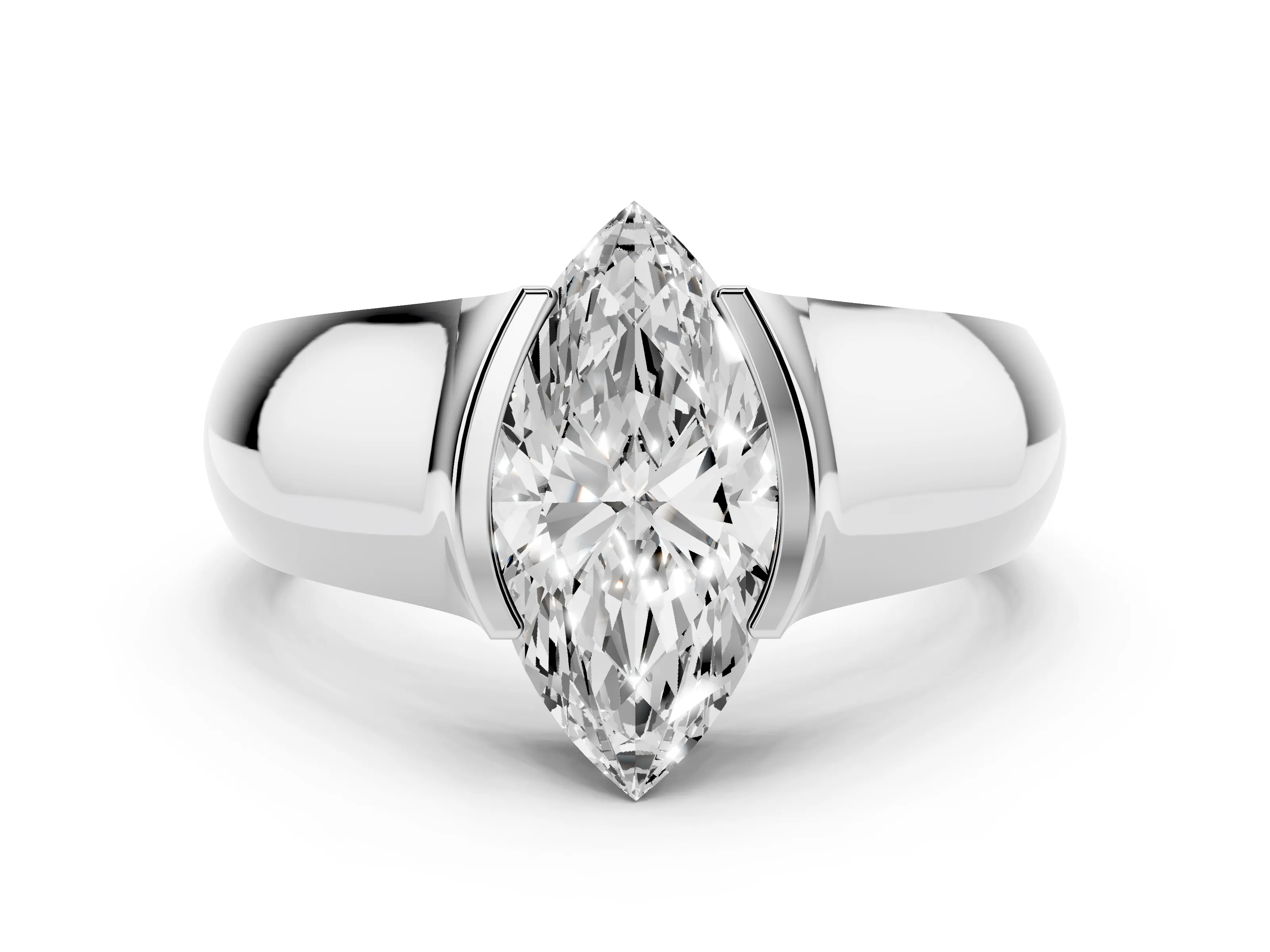 Marquise Cut Diamond Bezel Solitaire Ring Set in White gold with Wide Band