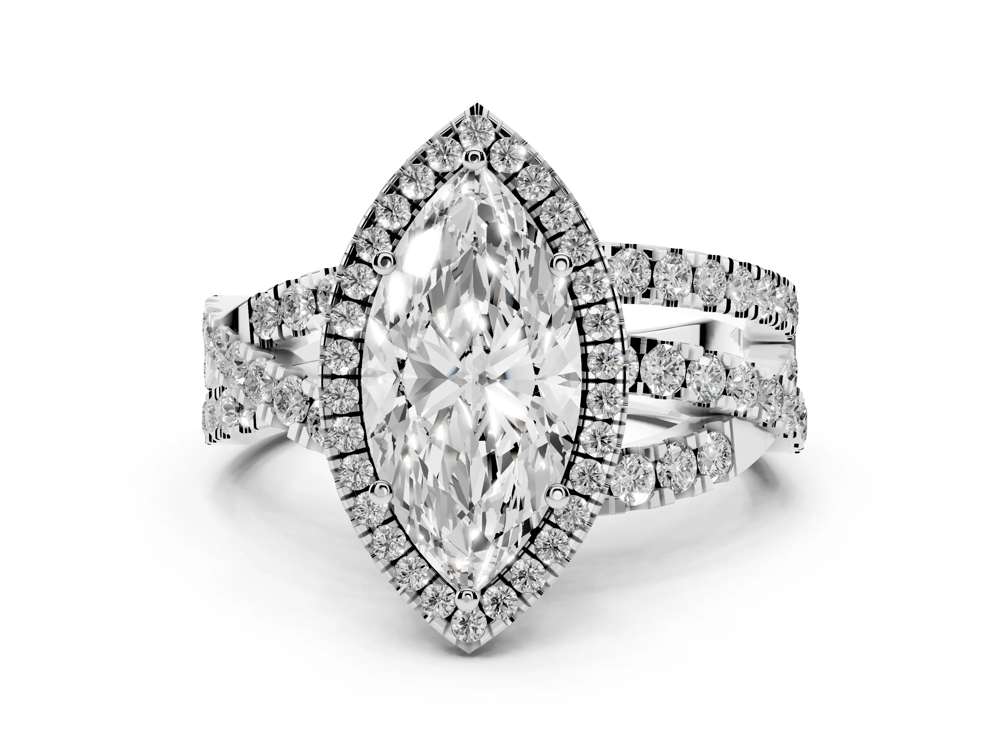 Marquise Cut Diamond Halo Ring Set in White gold with Round Crossover Split Shank and Prong Setting