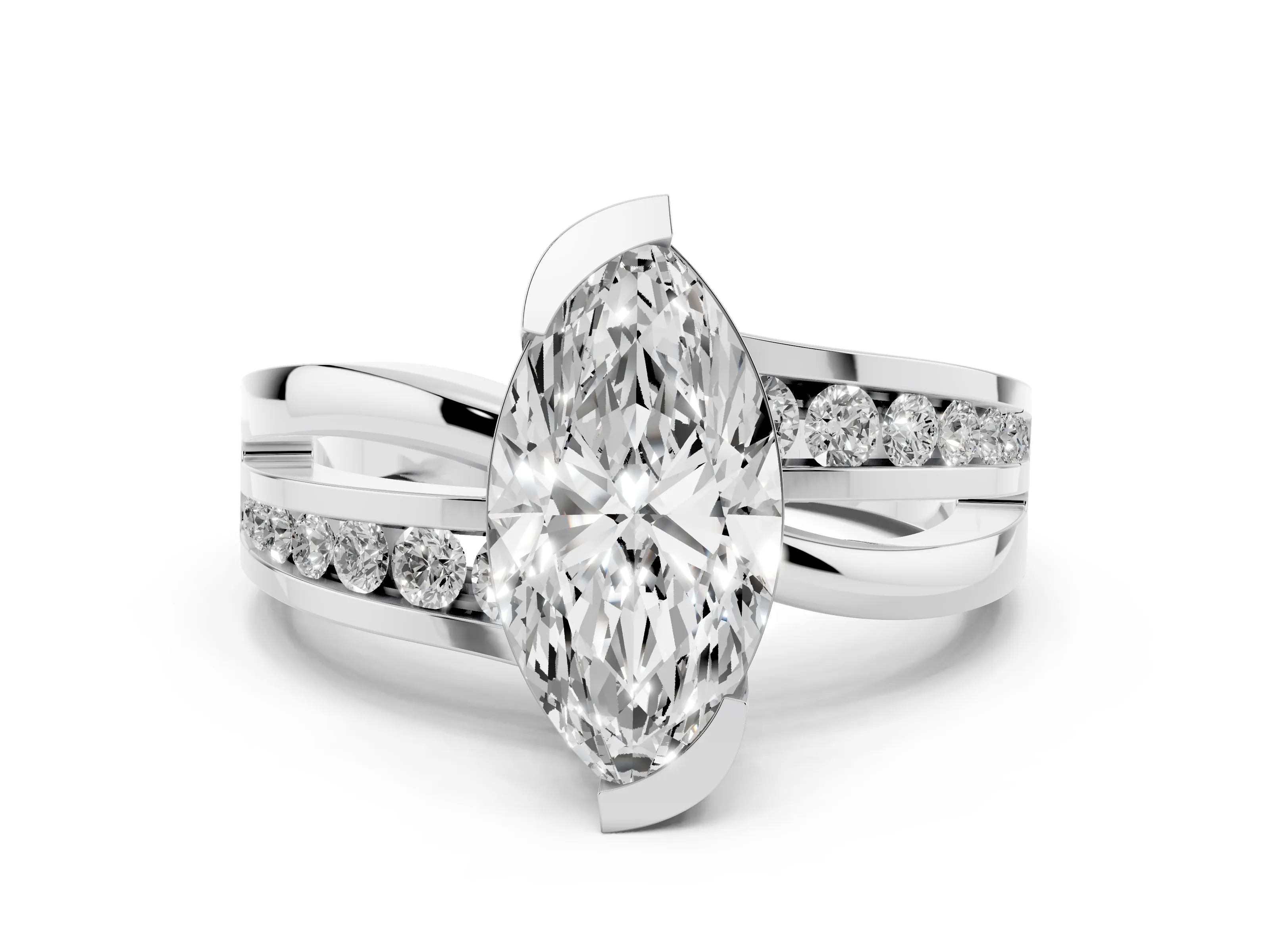 Marquise Cut Diamond Solitaire Ring Set in Platinum with Channel Set Split Shank and Tension Prongs