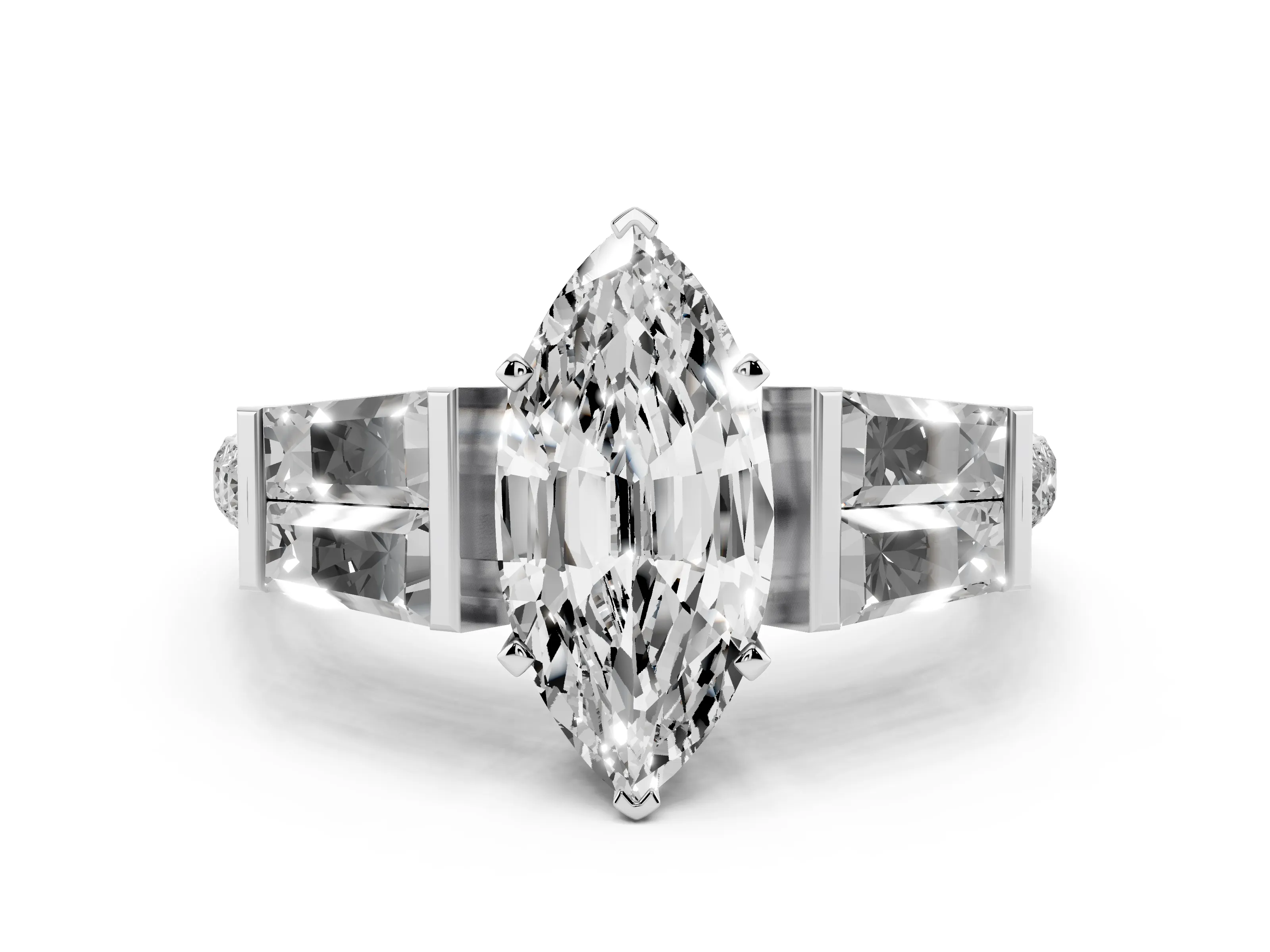 Marquise Cut Diamond Engagement Ring Set in White gold with Baguette Side Stones and Channel Set Band