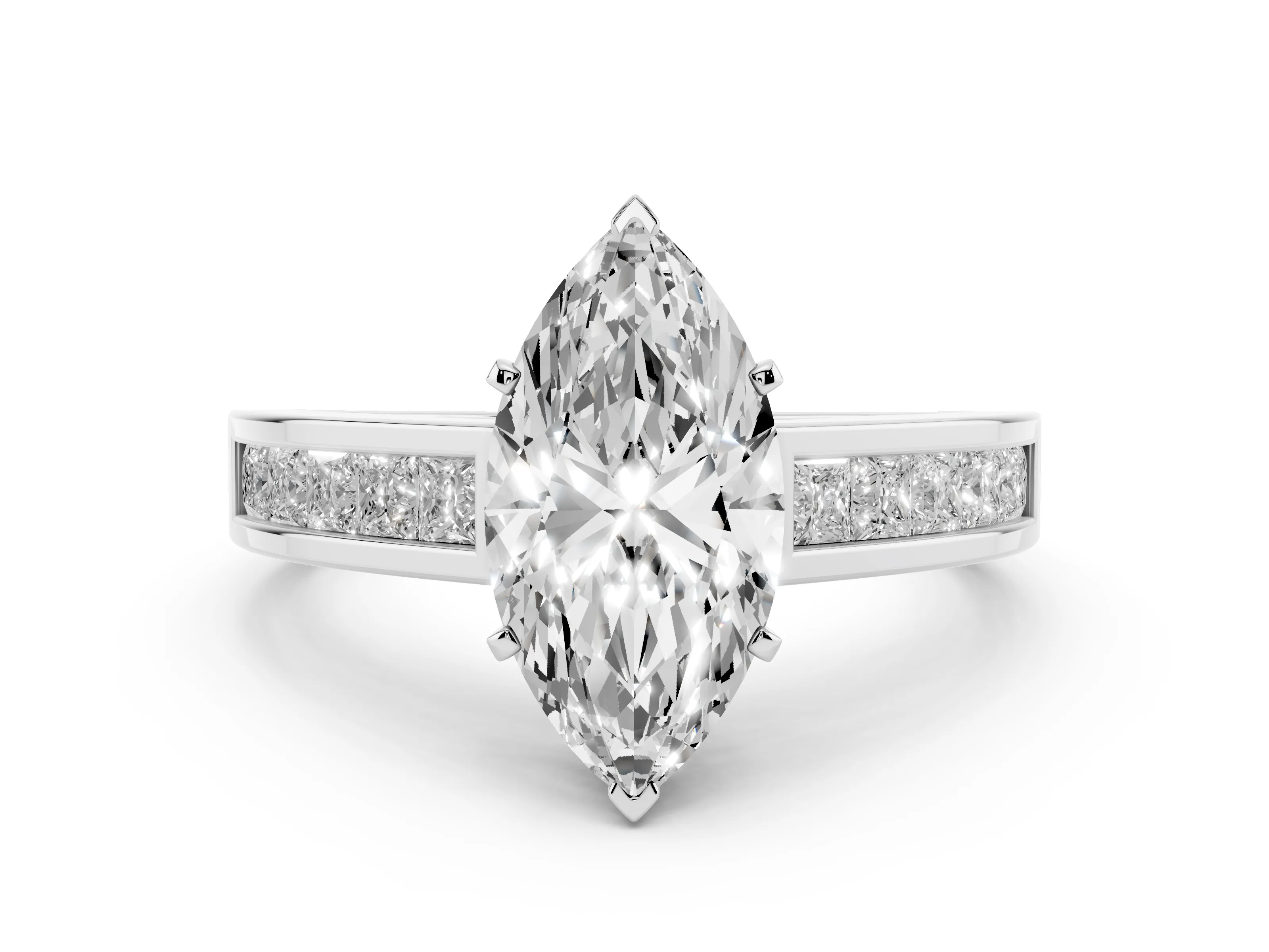 Marquise Cut Diamond Solitaire Ring Set in Platinum with Channel-Set Band and Prong Setting