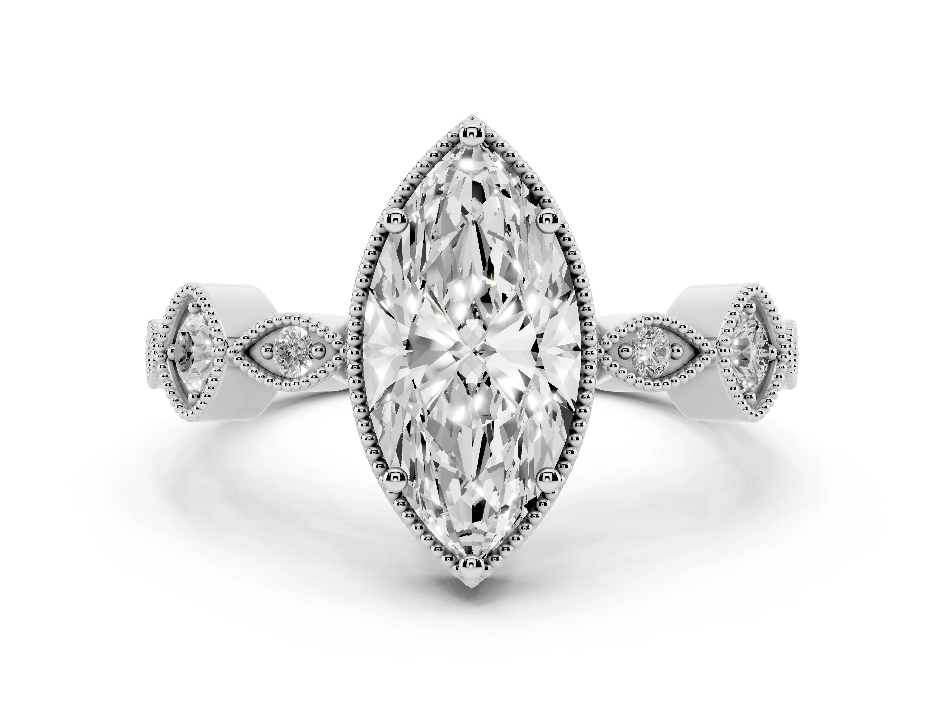 Marquise Cut Diamond Vintage-Inspired Milgrain Ring Set in White gold with Marquise Stations of Round Accents