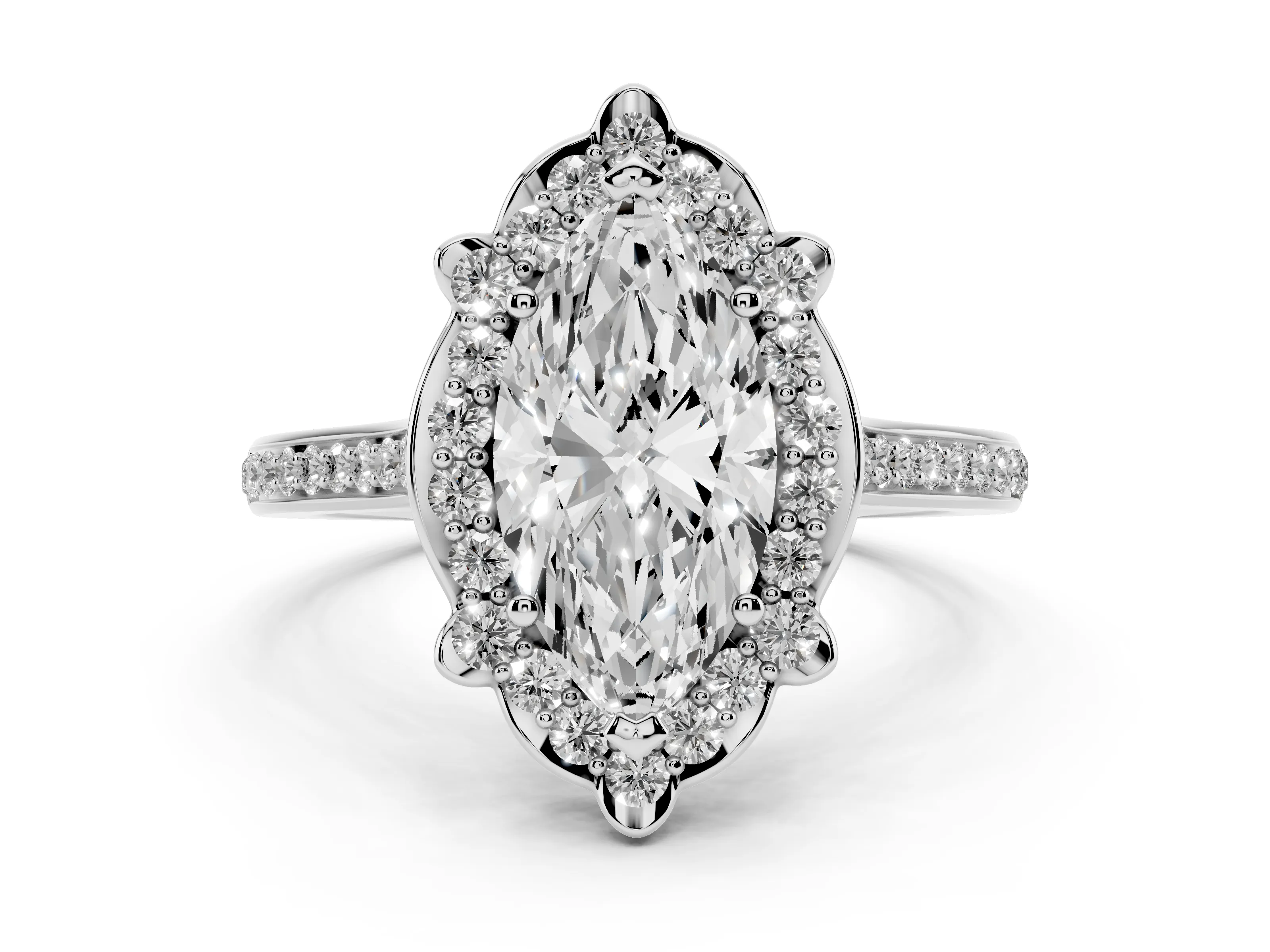 Marquise Cut Diamond Halo Ring Set in White gold with Pavé-Lined Shoulders and Prong Setting