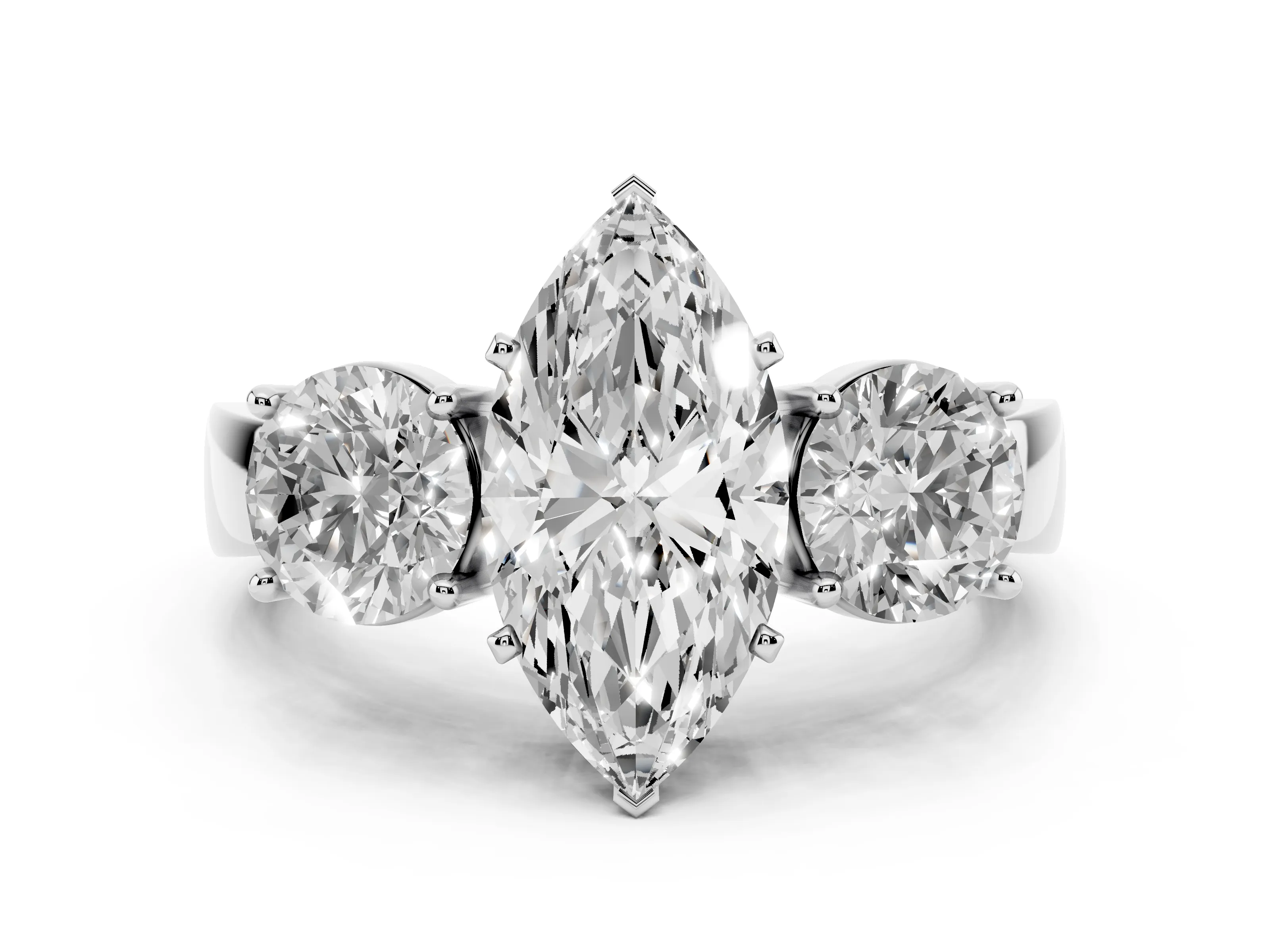 Marquise Cut Diamond Three-Stone Ring Set in Platinum with Round Side Stones and Classic Band