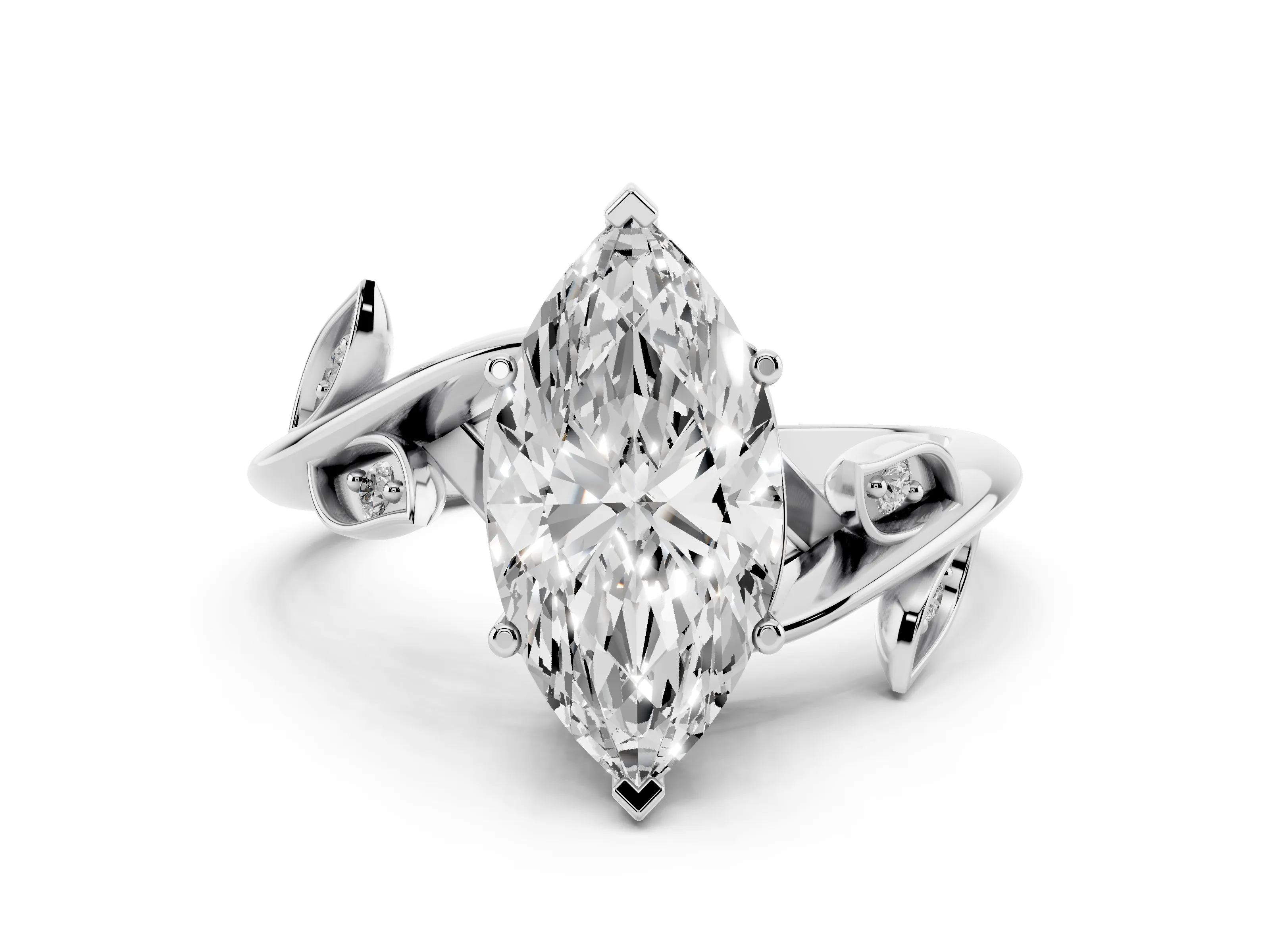 Marquise Cut Diamond Solitaire Twist Engagement Ring Set in Silver with Pavé Leaf Accents
