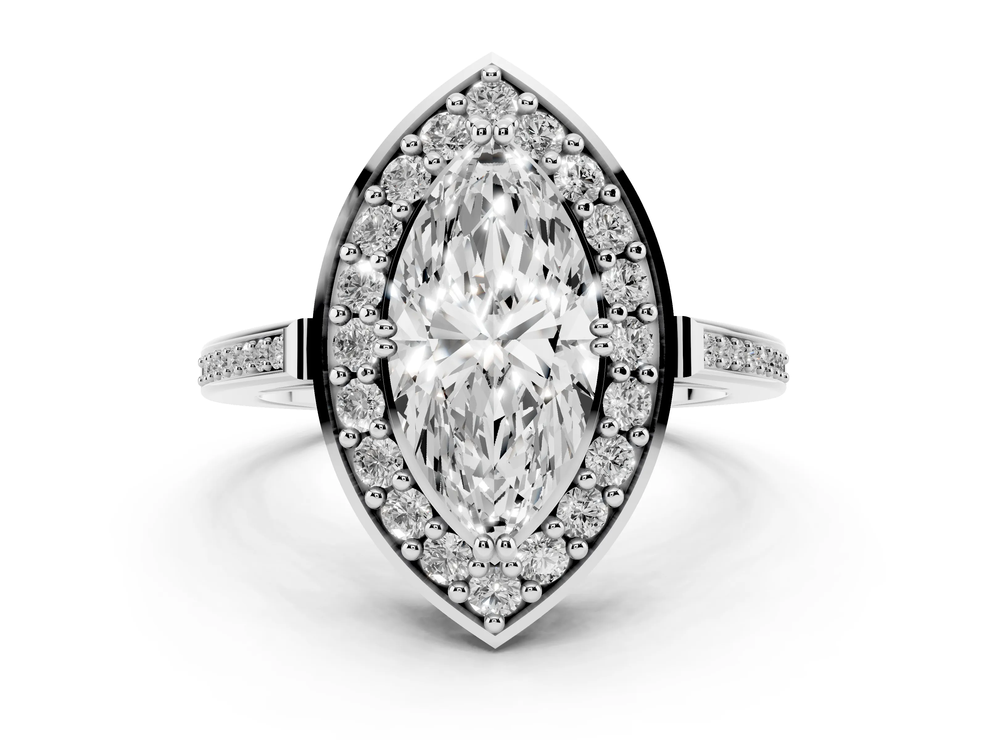 Marquise Cut Diamond Halo Ring Set in White gold with Accent-Lined Split Shank and Prong Setting