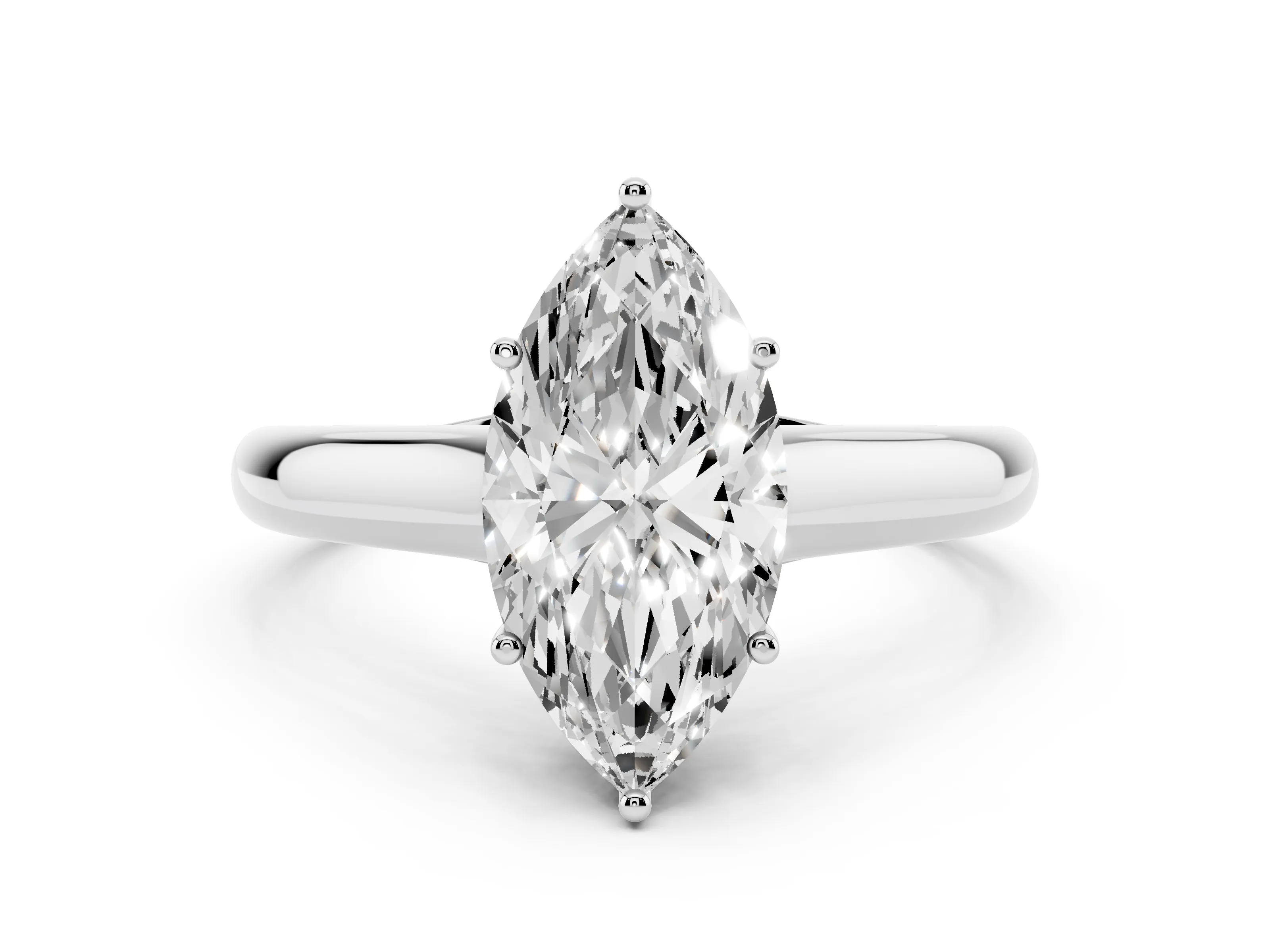 Marquise Cut Diamond Solitaire Engagement Ring Set in White gold with Subtly Tapered Band and Prong Setting