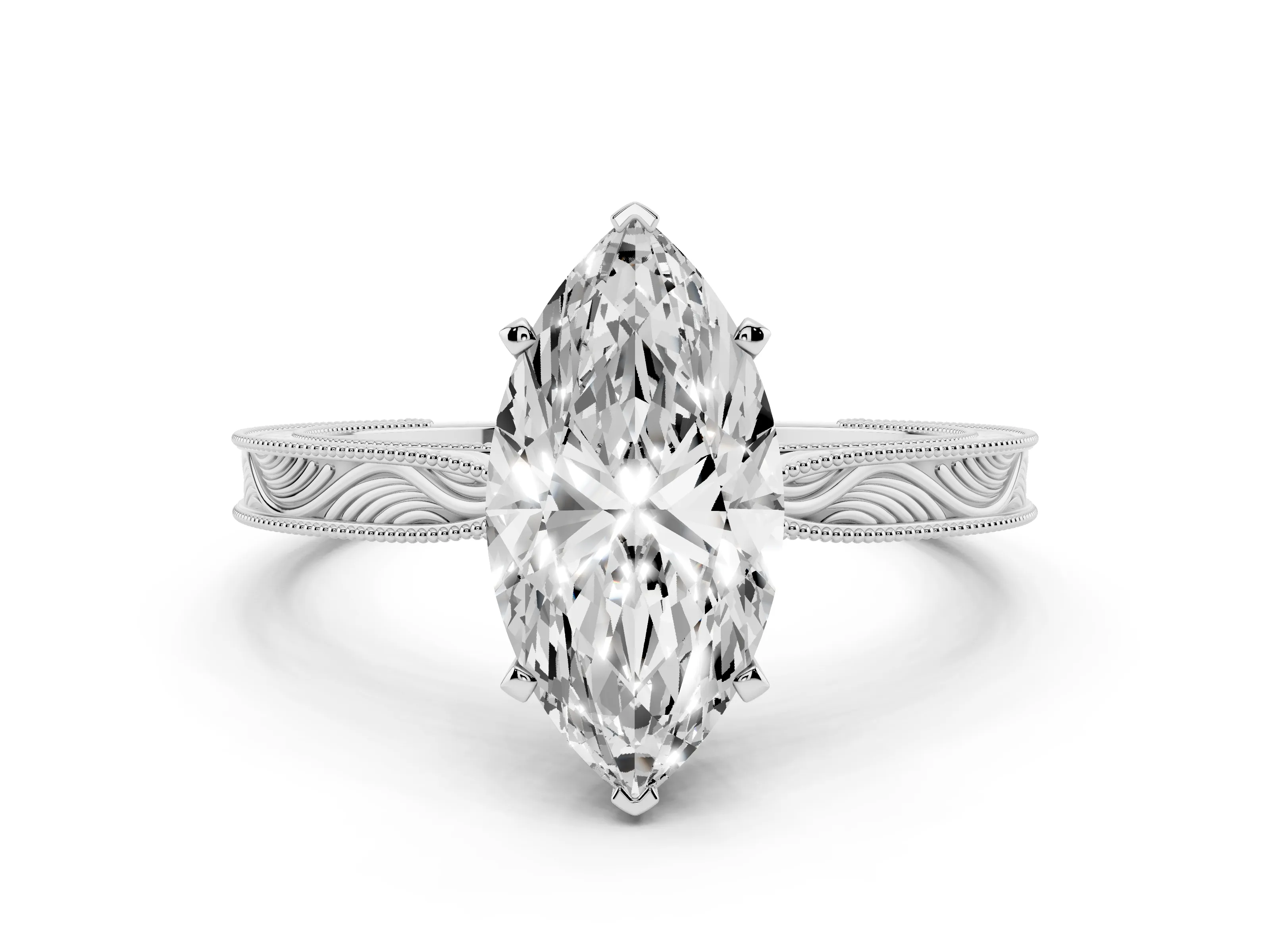 Marquise Cut Diamond Solitaire Milgrain Engraved Band Set in White gold with Prong Setting