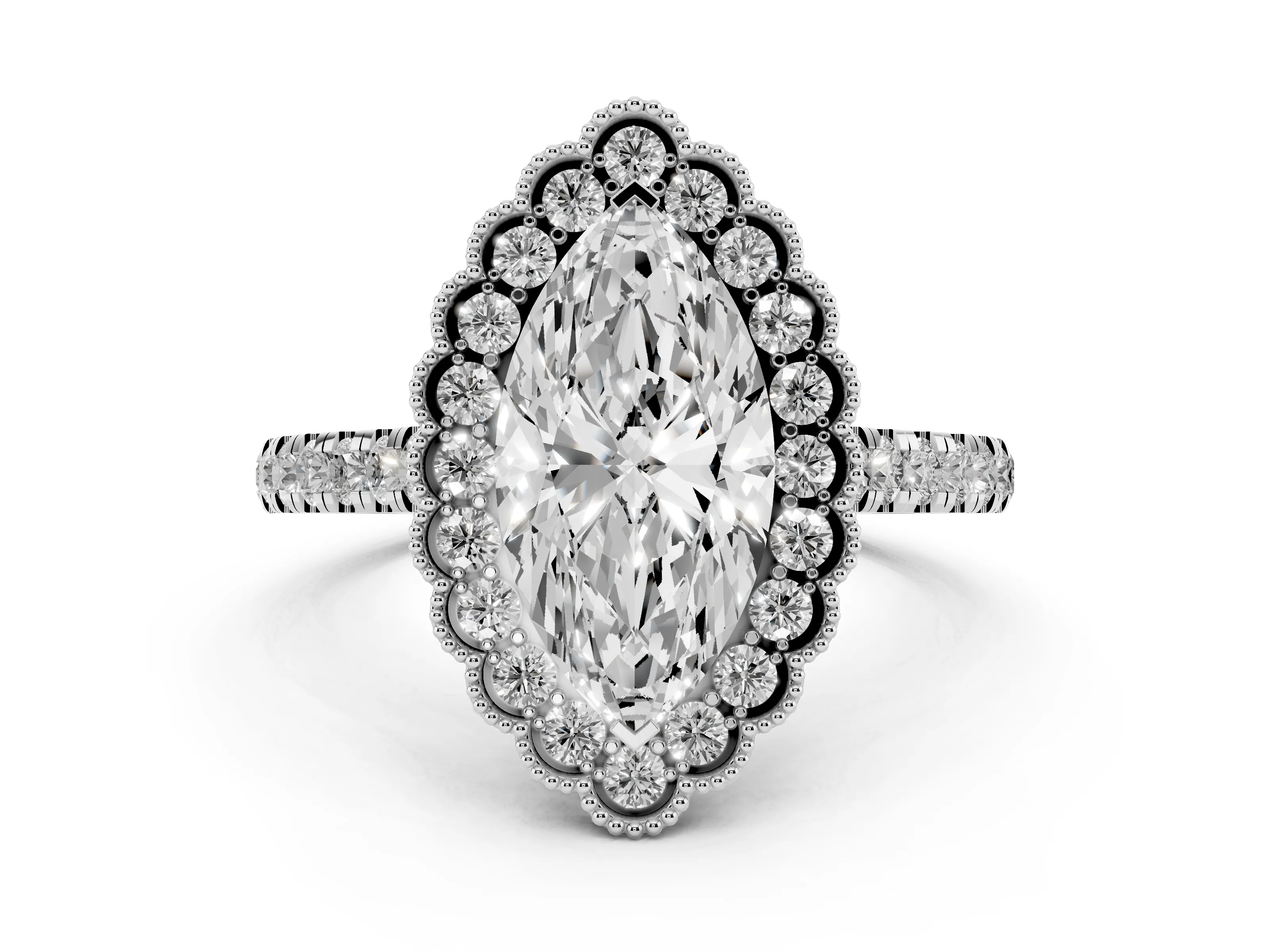 Marquise Cut Diamond Milgrain Floral Halo Engagement Ring Set in White gold with Pavé Band