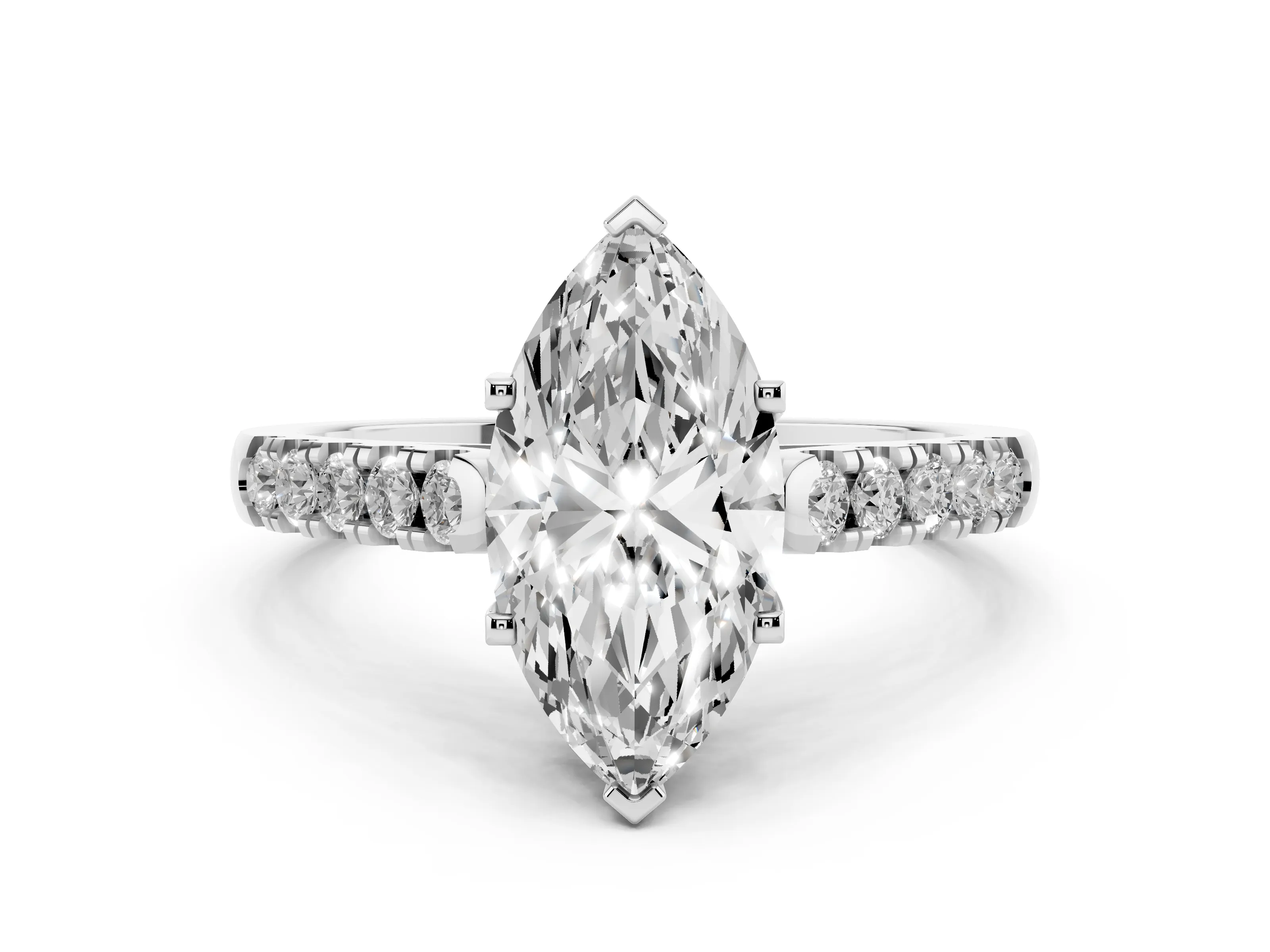 Marquise Cut Diamond Pavé Band Solitaire Ring Set in White gold with Partway Accent Stones and Prong Setting
